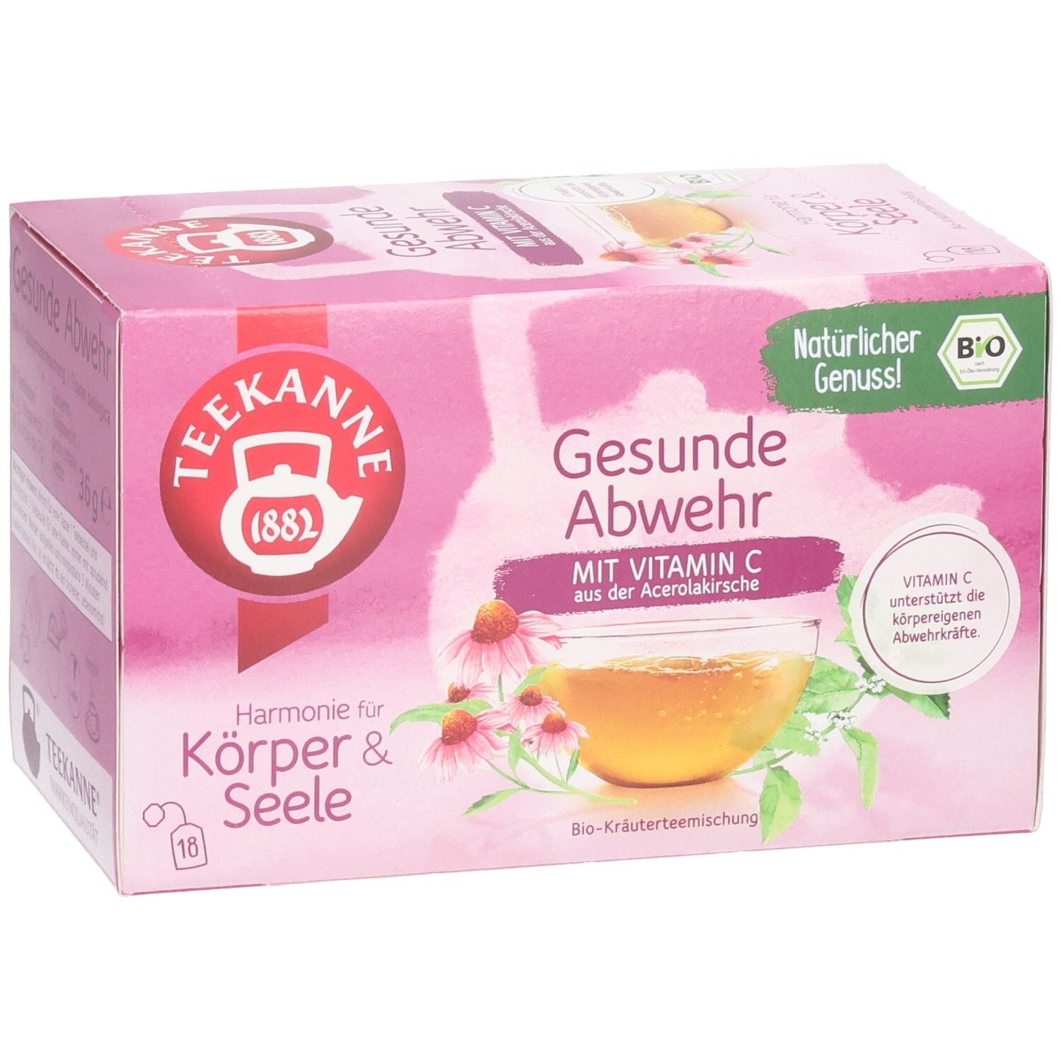 Vorderseite Teekanne BIO Gesunde Abwehr Tee. Packung mit 18 Beuteln, Kräutertee-Mischung.