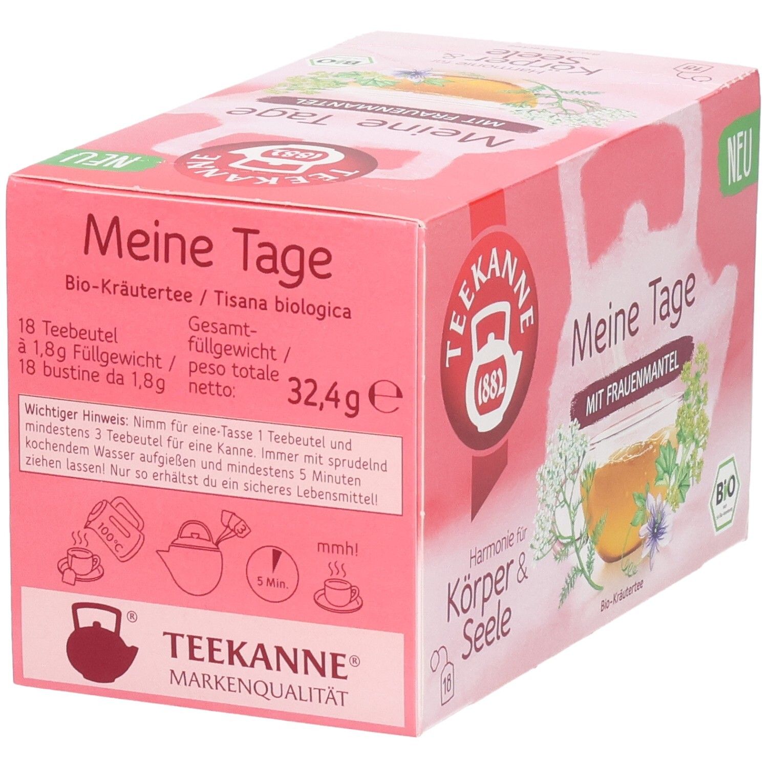 Rückseite Teekanne BIO Meine Tage Kräutertee Packung mit Zubereitungshinweisen.