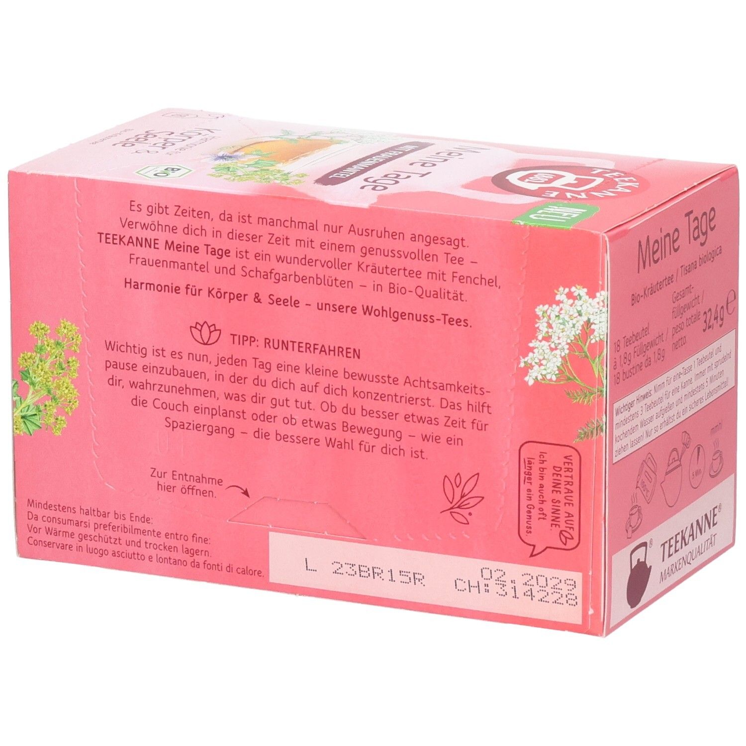 Seitenansicht Teekanne BIO Meine Tage Kräutertee Packung mit Haltbarkeitsdatum.