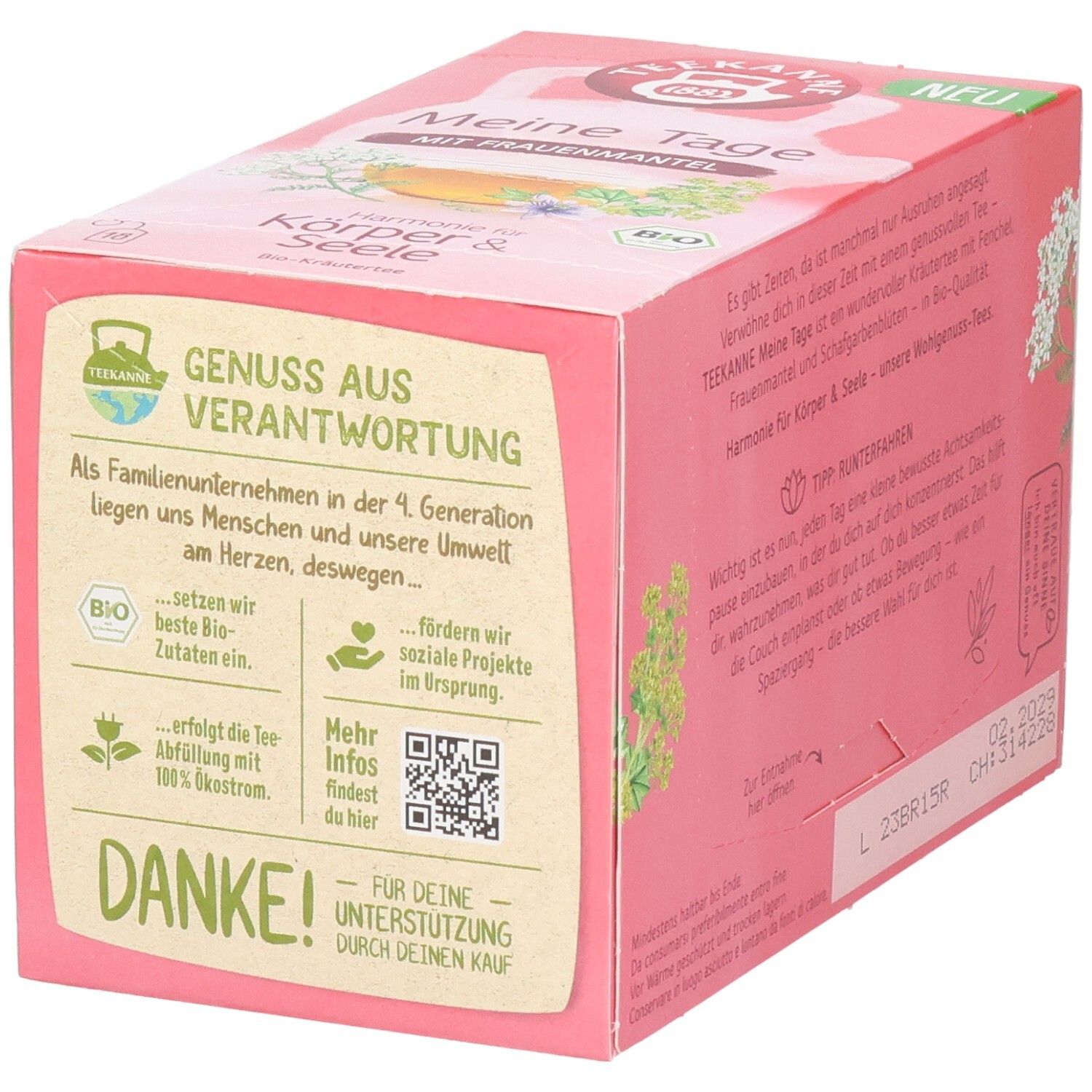 Seite Teekanne BIO Meine Tage Kräutertee Packung mit Informationen zur Verantwortung.