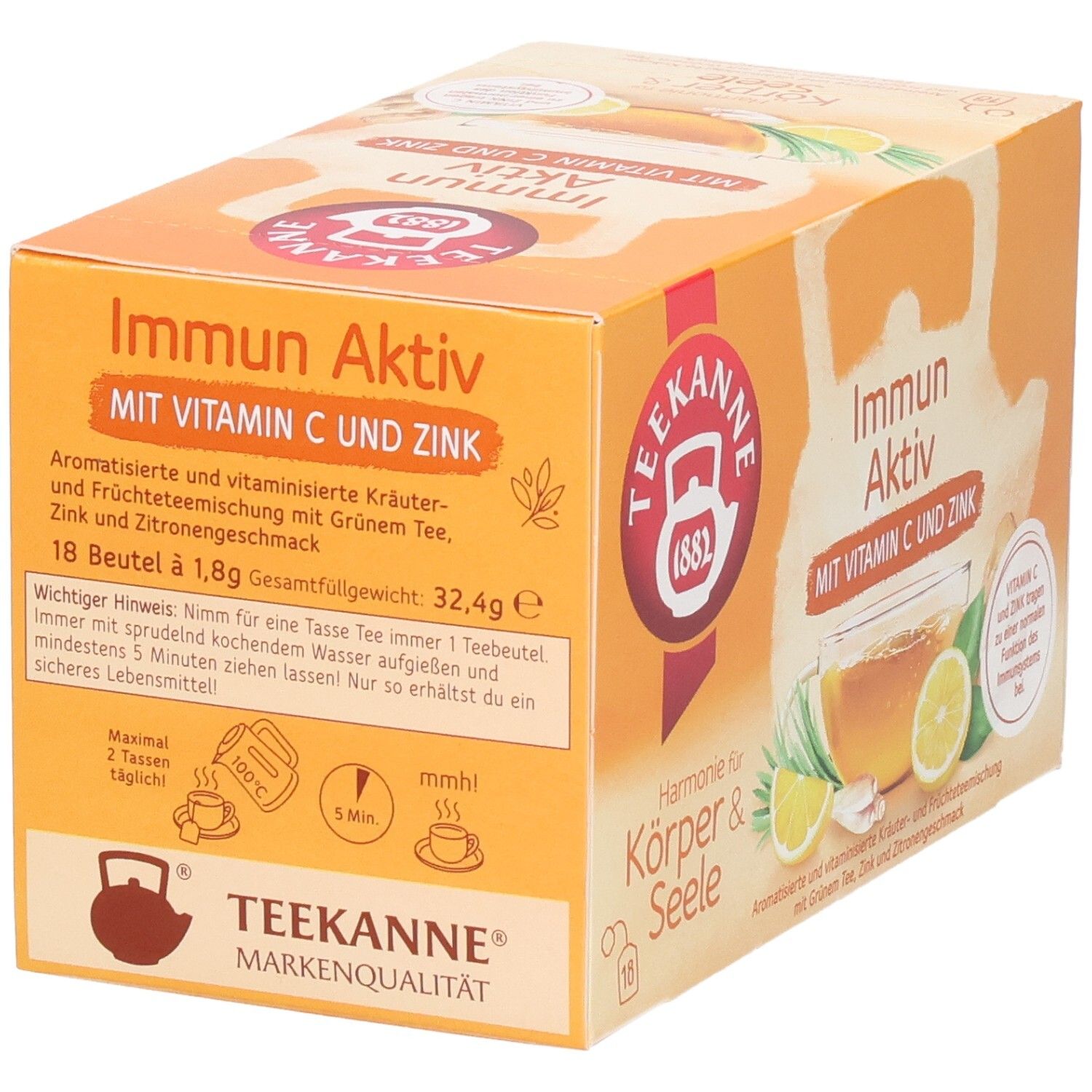 Teekanne Immun Aktiv Teebox, Rückseite mit Zubereitungshinweisen und Zutaten. 18 Beutel.