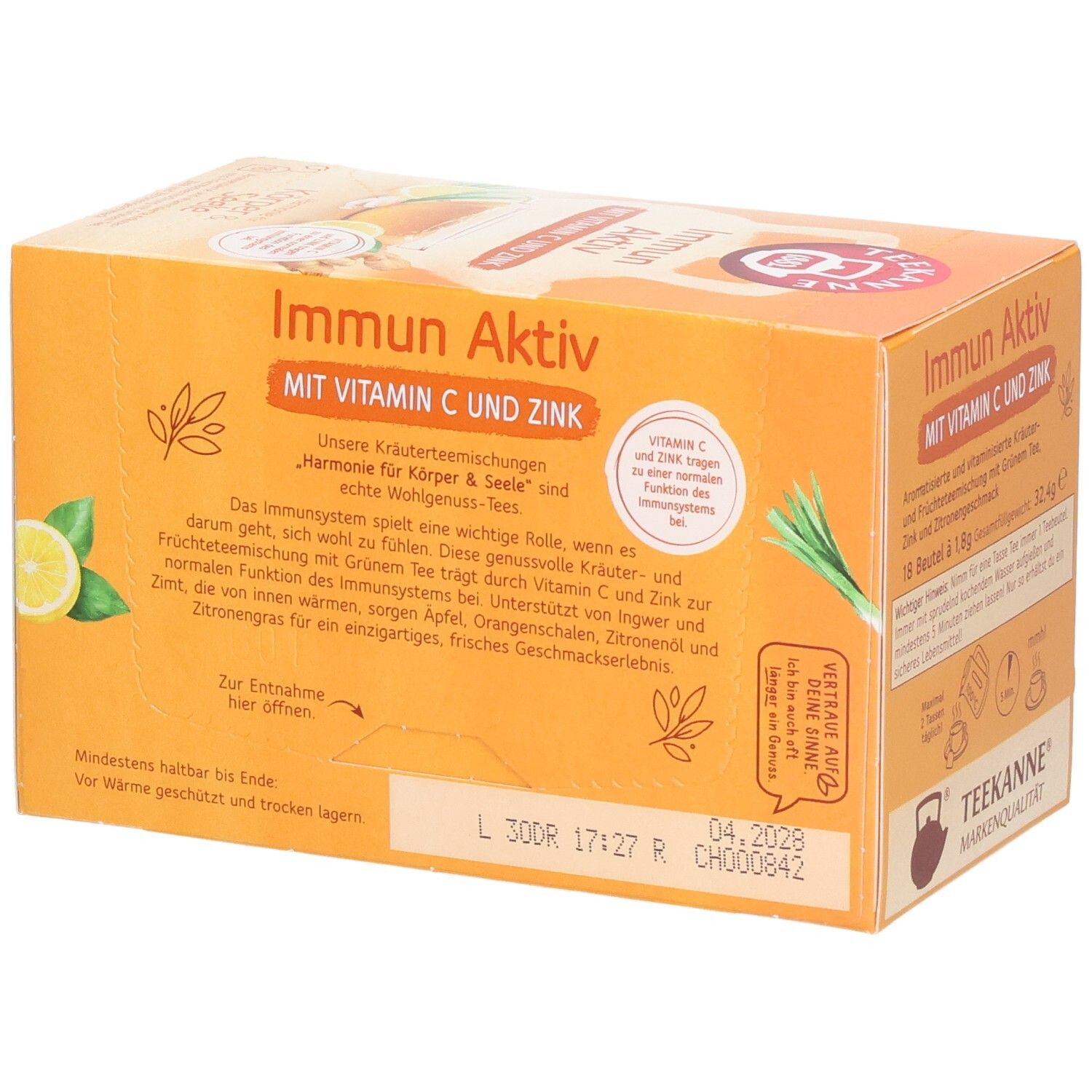 Teekanne Immun Aktiv Teebox, Seitenansicht mit detaillierter Produktbeschreibung und Siegel.