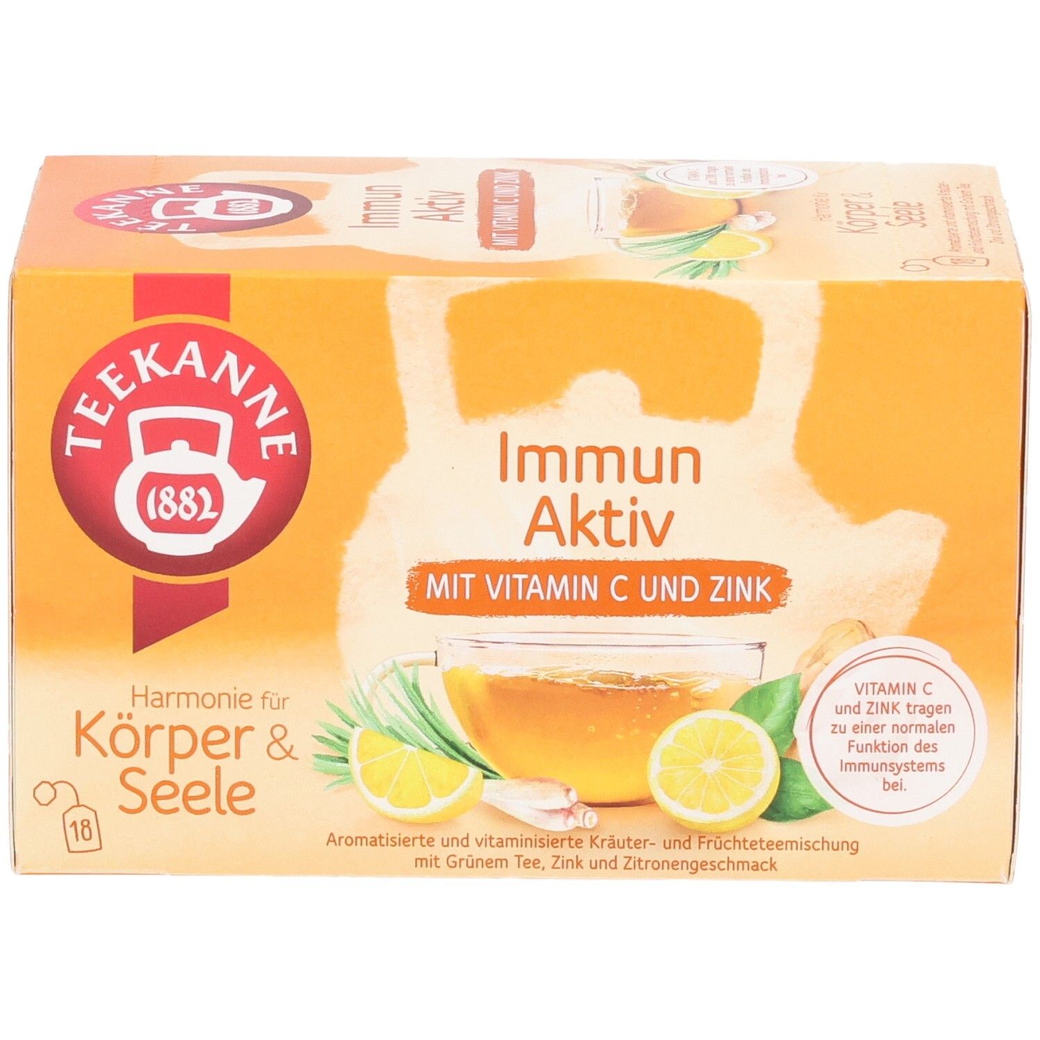 Teekanne Immun Aktiv Teebox, Vorderseite mit Illustration einer Tasse Tee, Zitrone und Ingwer.