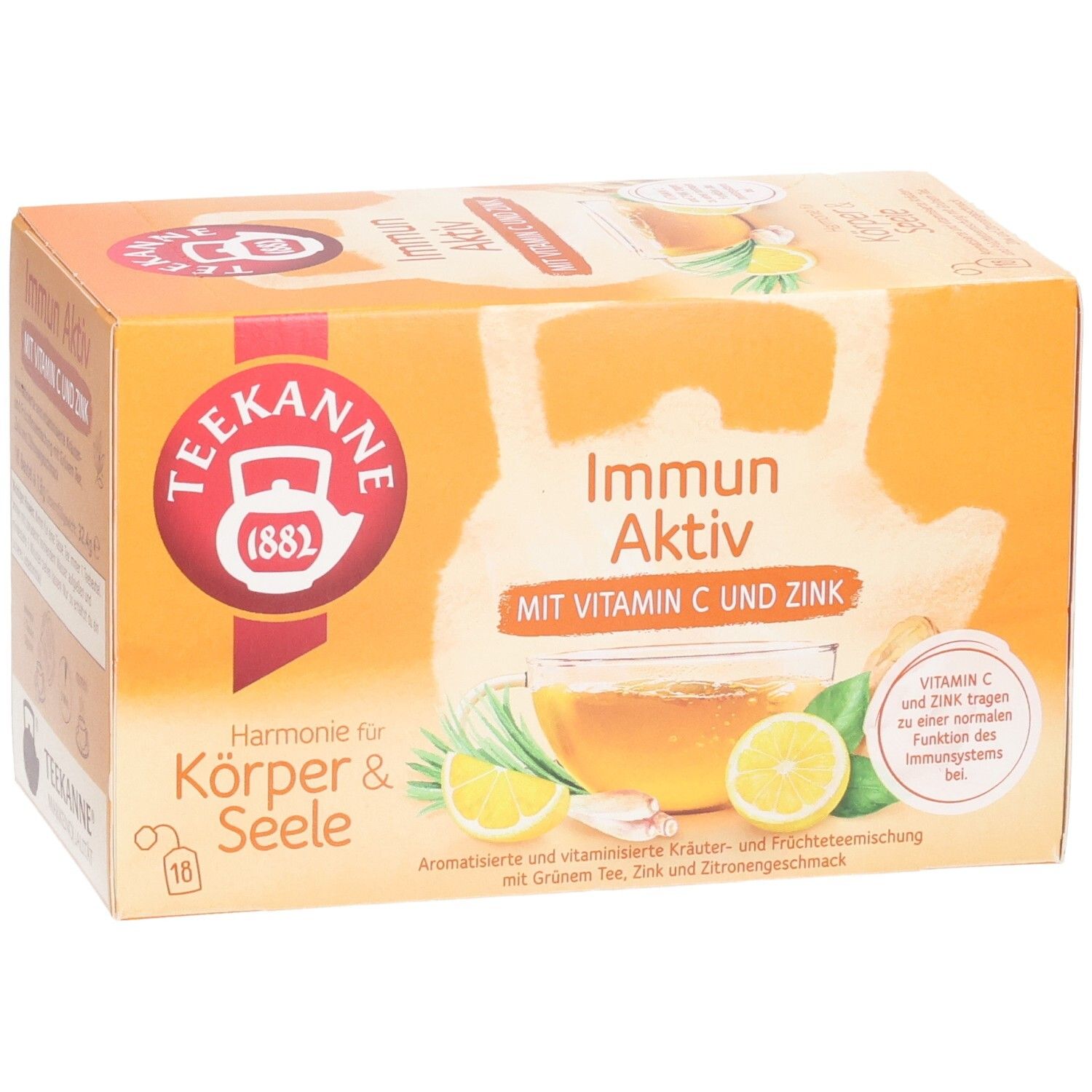 Teekanne Immun Aktiv Teebox, Nahaufnahme der Vorderseite mit Markenzeichen und Produktnamen.