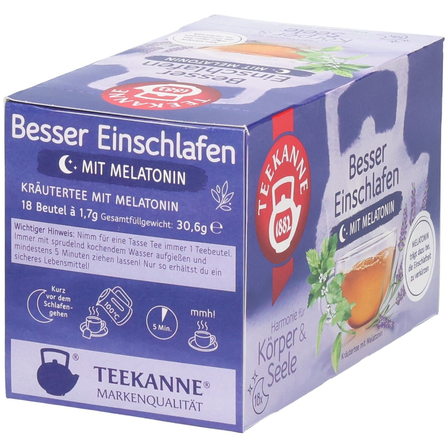 Teekanne Besser Einschlafen Kräutertee mit Melatonin, 18 Beutel à 1,7g. Gesamtgewicht 30,6g.
