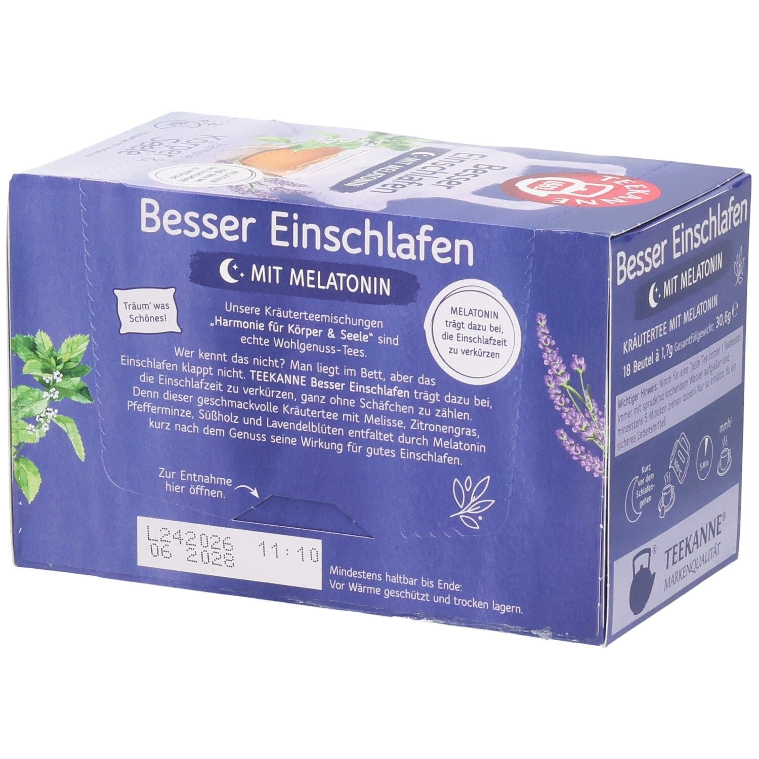 Rückseite Teekanne Besser Einschlafen Kräutertee mit Melatonin. Enthält Melatonin zur Verkürzung der Einschlafzeit.