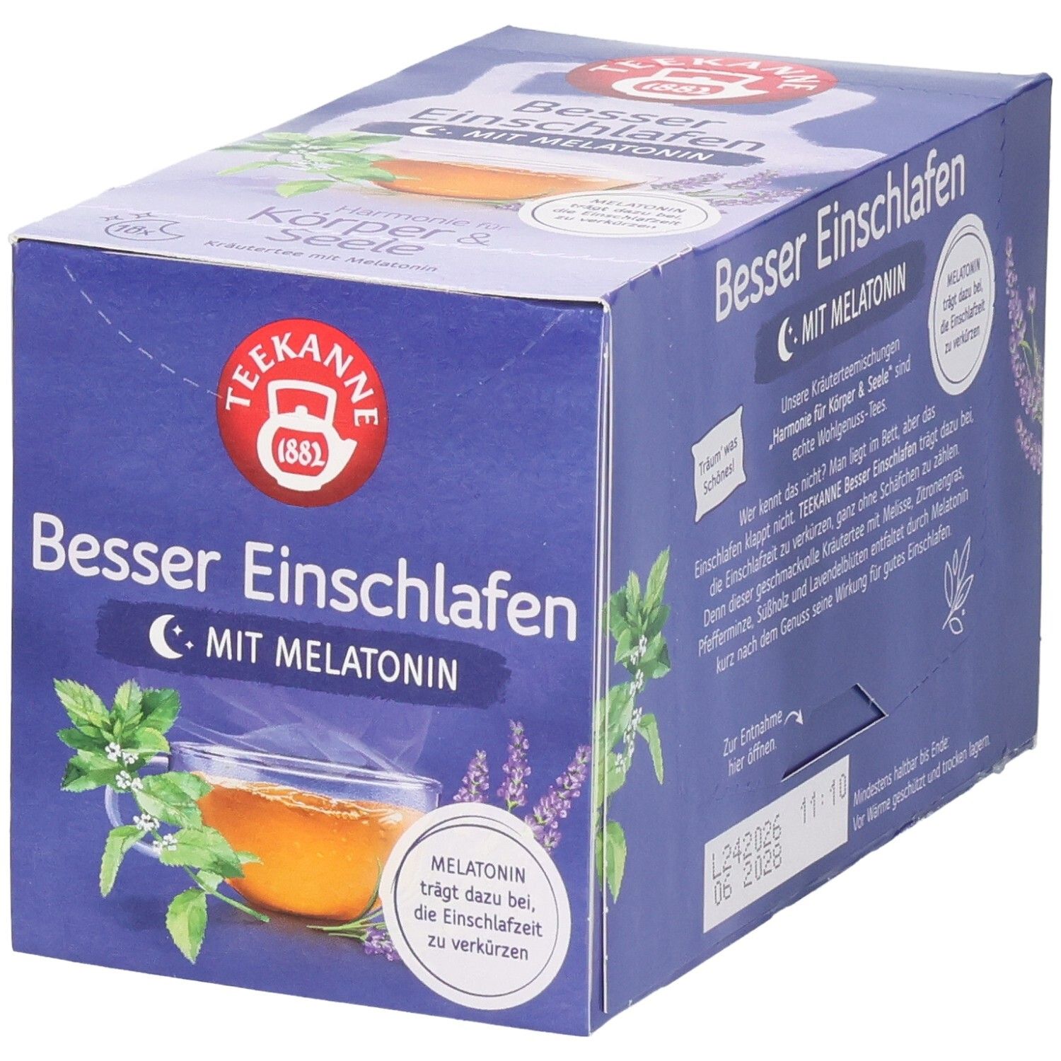 Teekanne Besser Einschlafen Kräutertee mit Melatonin. Packung mit 18 Beuteln.