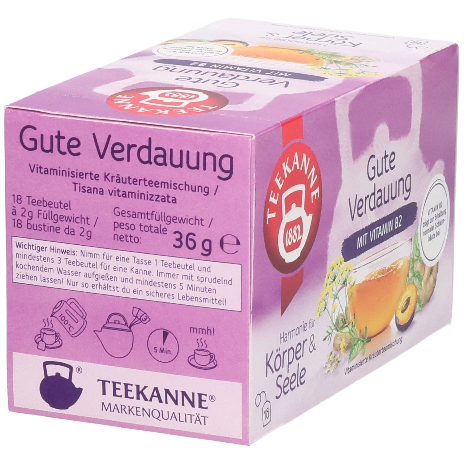 Rückseite Teekanne Gute Verdauung Tee: 36g, 18 Beutel, Zubereitungshinweise.