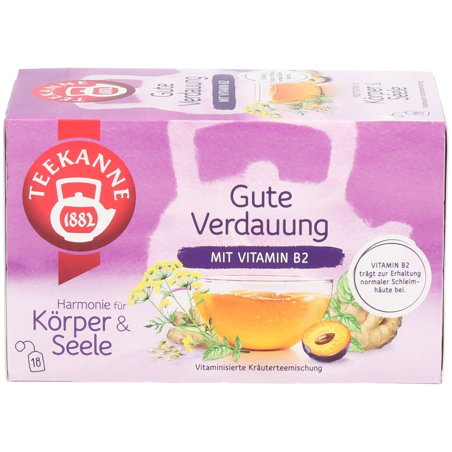 Vorderseite Teekanne Gute Verdauung Tee mit Vitamin B2, Kräuterabbildung.