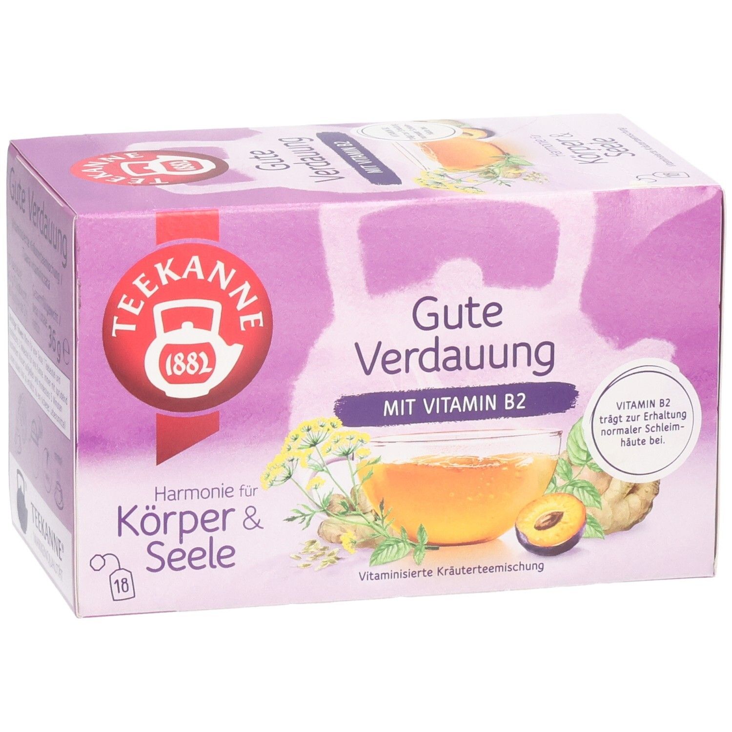 Teekanne Gute Verdauung Tee mit Vitamin B2, 18 Beutel, Kräuter und Früchte.