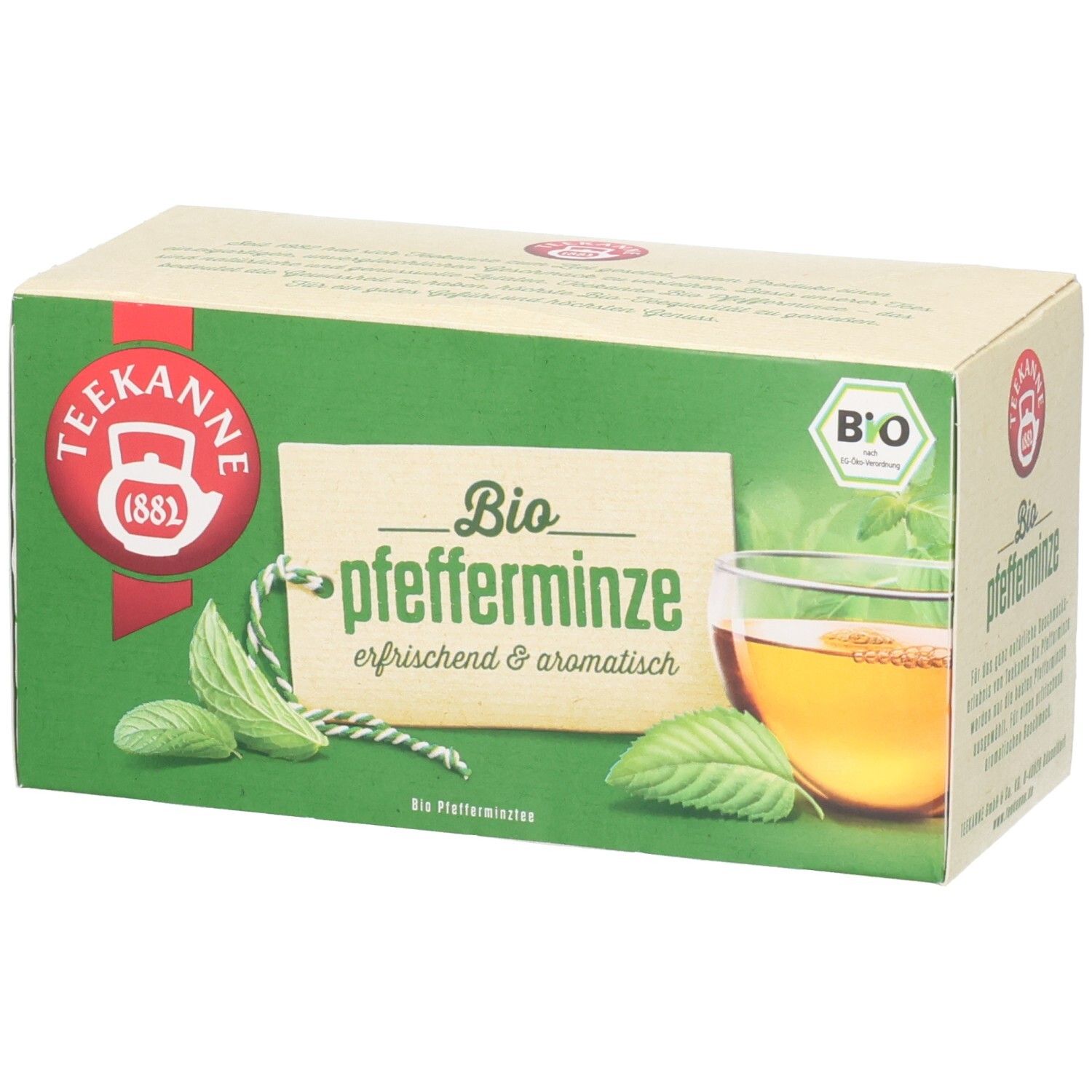 Teekanne BIO Pfefferminztee Packung mit einem Glas Pfefferminztee und frischen Minzblättern.