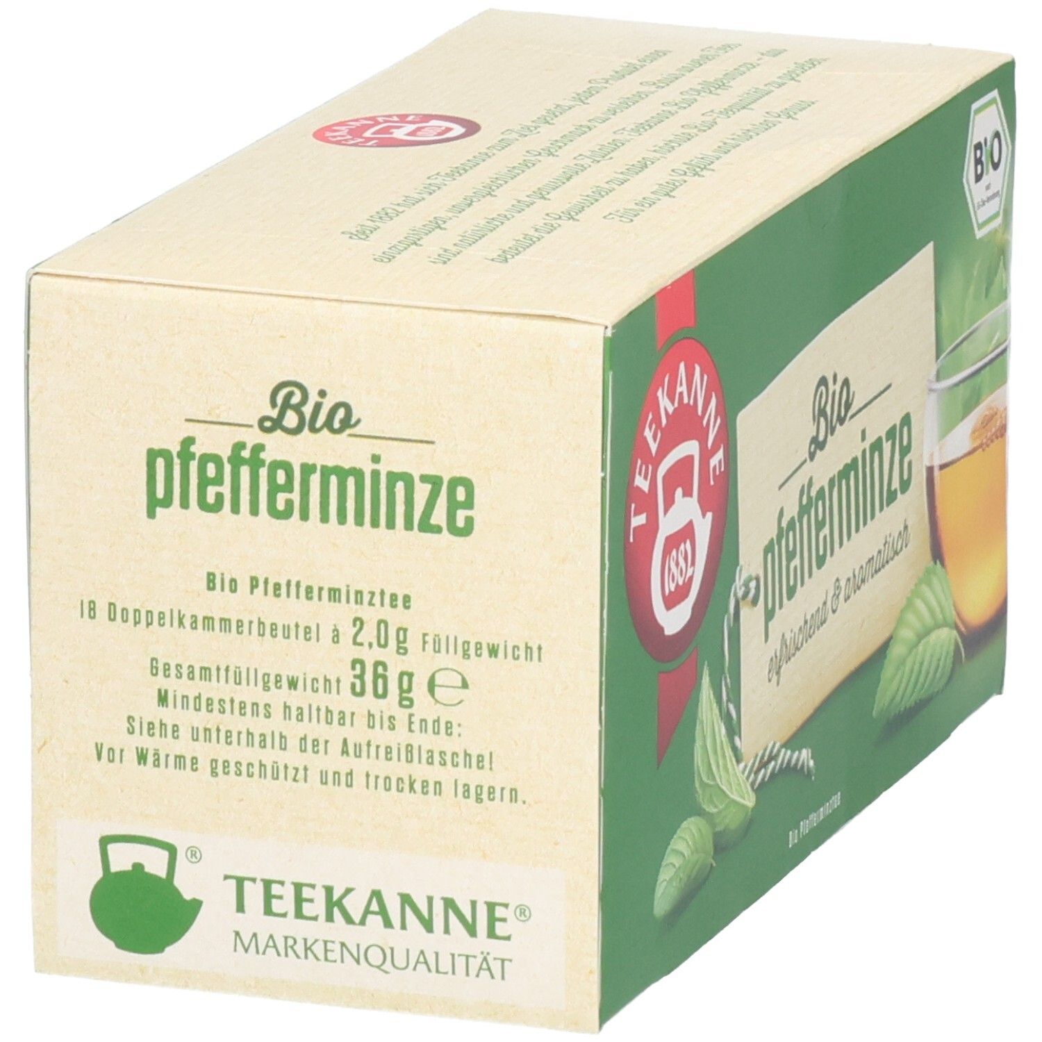 Teekanne BIO Pfefferminztee Packung, Seite mit Produktinformationen und Bio-Siegel.