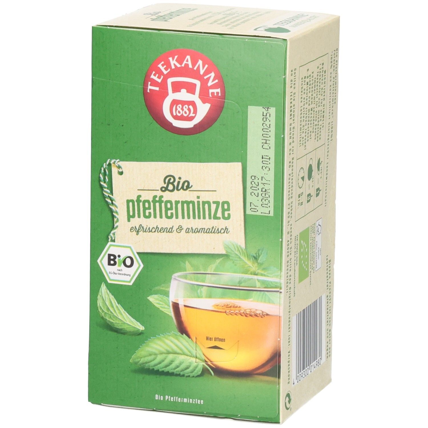 Teekanne BIO Pfefferminztee Packung, Vorderseite mit Glas Tee und Minzblättern.