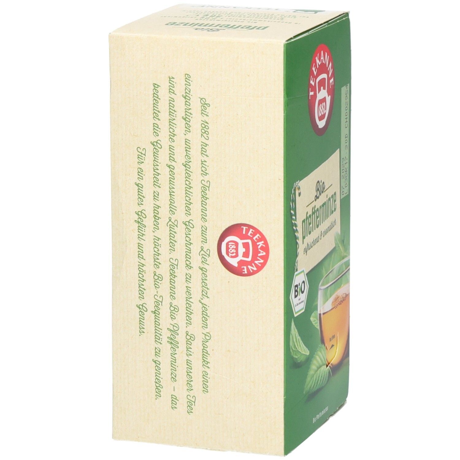 Teekanne BIO Pfefferminztee Packung, Seite mit detaillierter Produktbeschreibung.