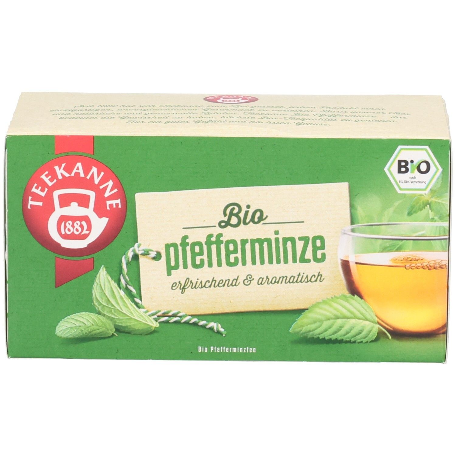 Teekanne BIO Pfefferminztee Packung, Vorderseite mit Logo, Produktbezeichnung und Glas Tee.