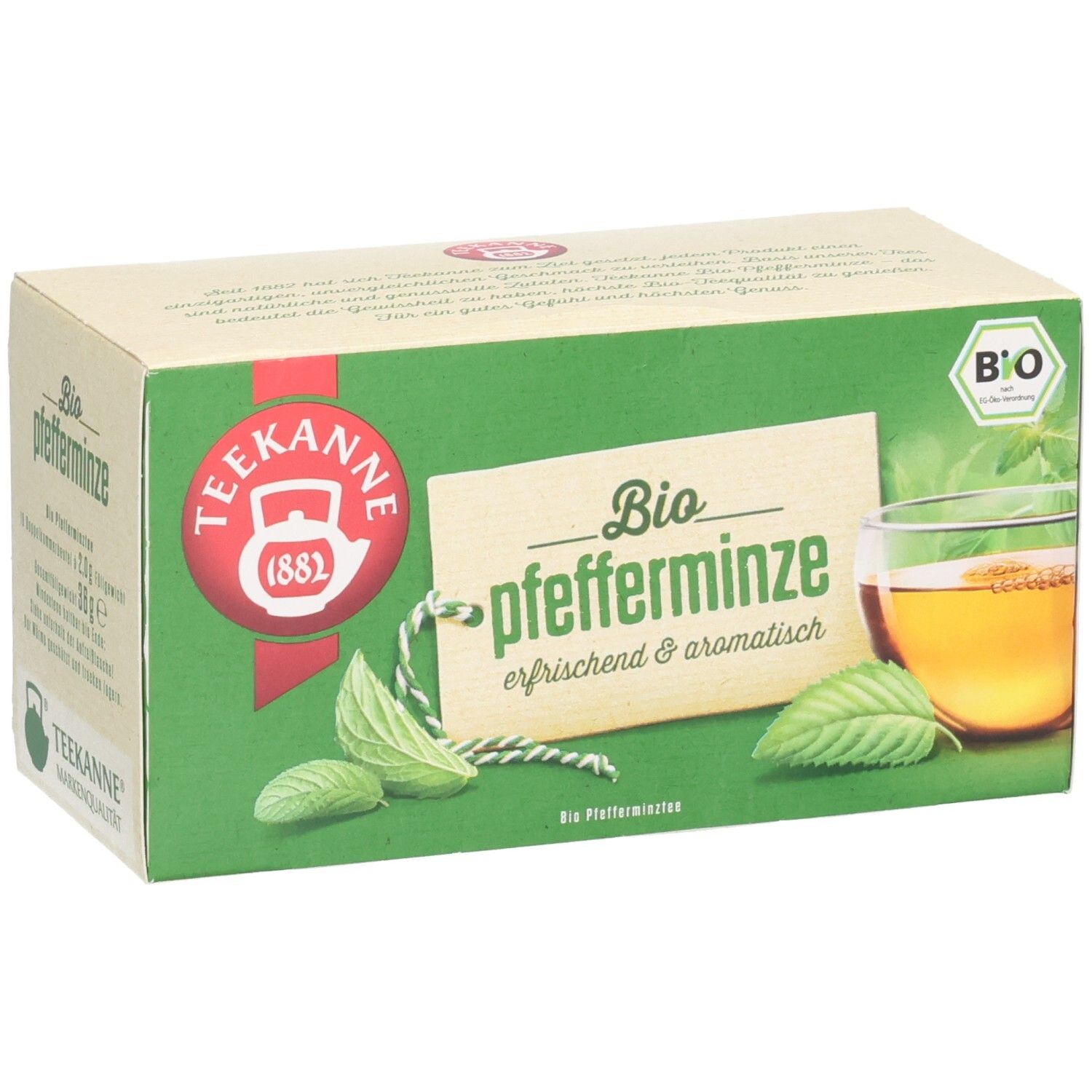 Teekanne BIO Pfefferminztee Packung, Vorderseite mit Logo, Produktbezeichnung und Glas Tee.