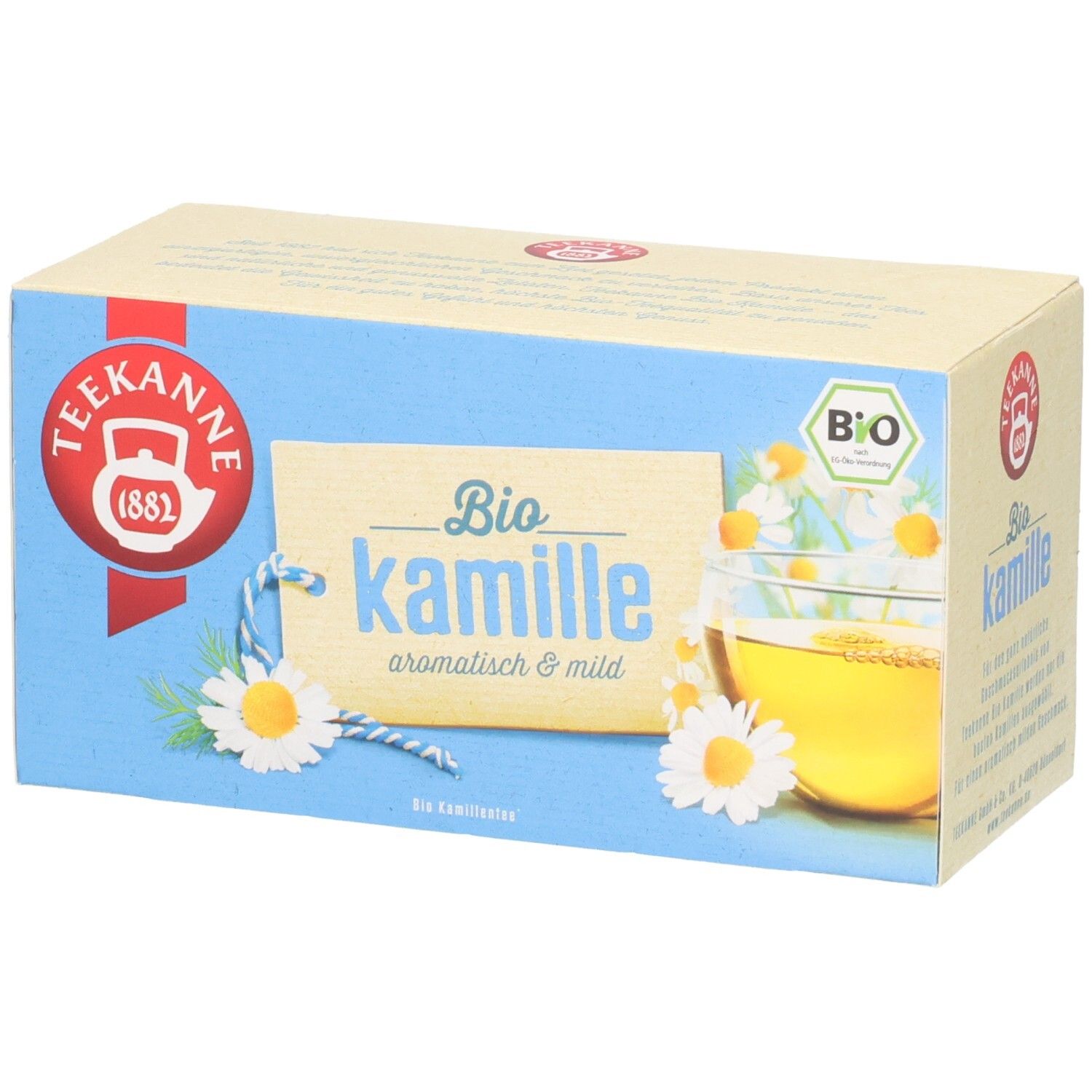 Teekanne BIO Kamille Tee-Verpackung mit Kamillenblüten und einer Tasse Tee.
