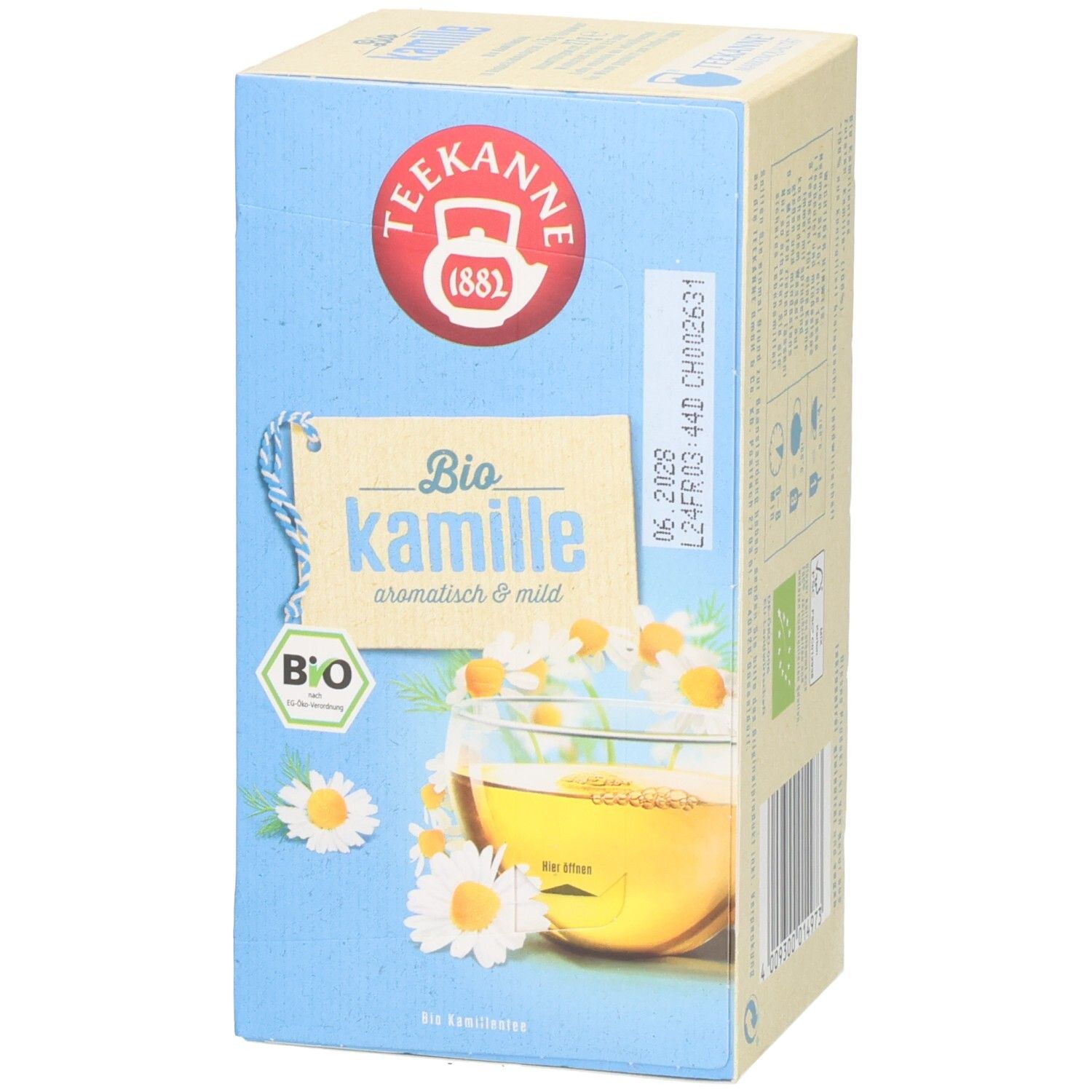 Seitenansicht der Teekanne BIO Kamille Verpackung mit BIO-Siegel und Haltbarkeitsdatum.