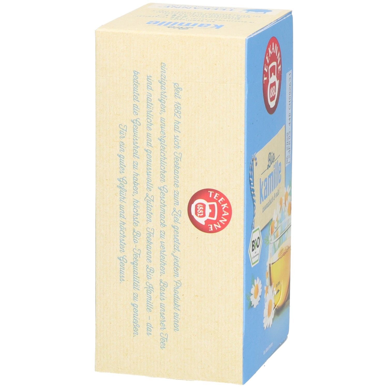 Seitenansicht der Teekanne BIO Kamille Verpackung mit detaillierten Produktinformationen.