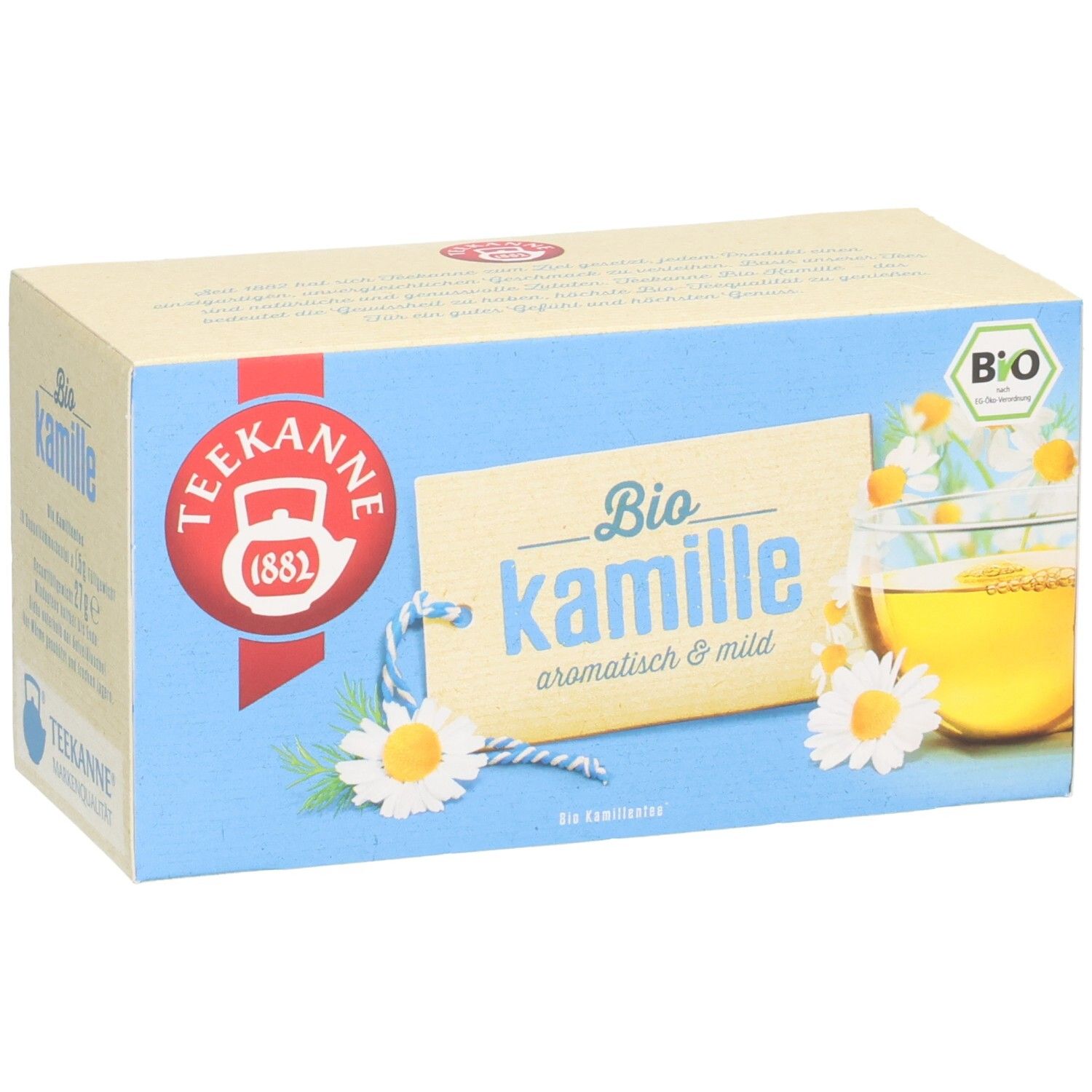 Teekanne BIO Kamille Tee-Verpackung, Vorderseite mit Logo, Kamillenblüten und Tasse.