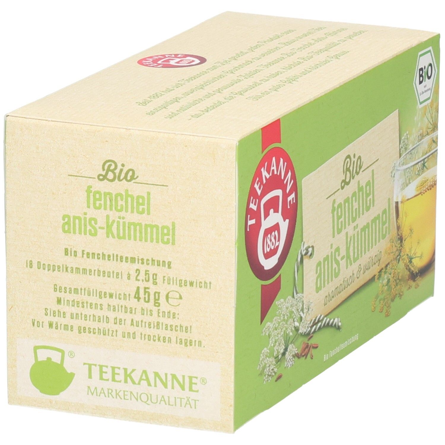 Teekanne BIO Fenchel-Anis-Kümmel Tee-Verpackung, Seite mit Zutaten und Gewicht.