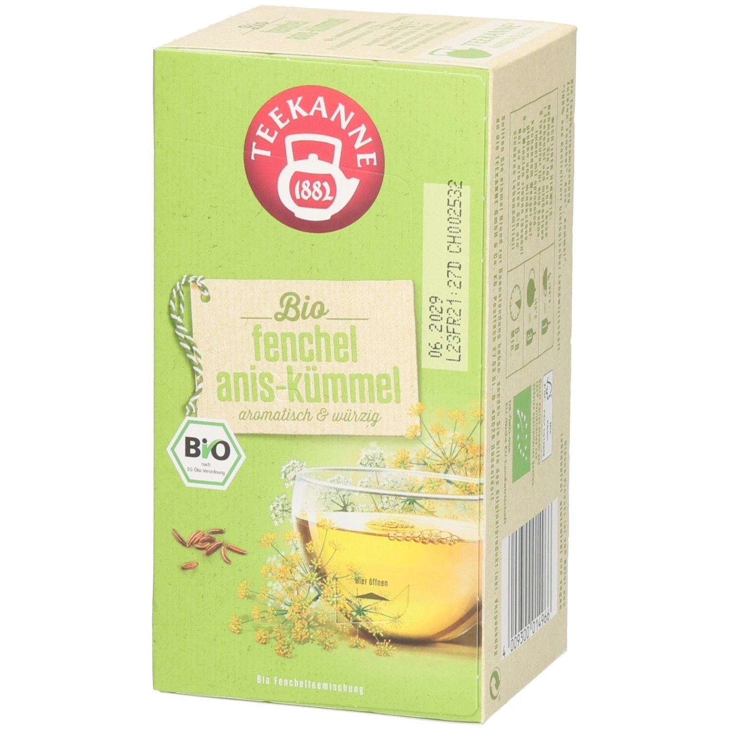 Teekanne BIO Fenchel-Anis-Kümmel Tee-Verpackung, Vorderseite mit Kräutern und Tasse Tee.