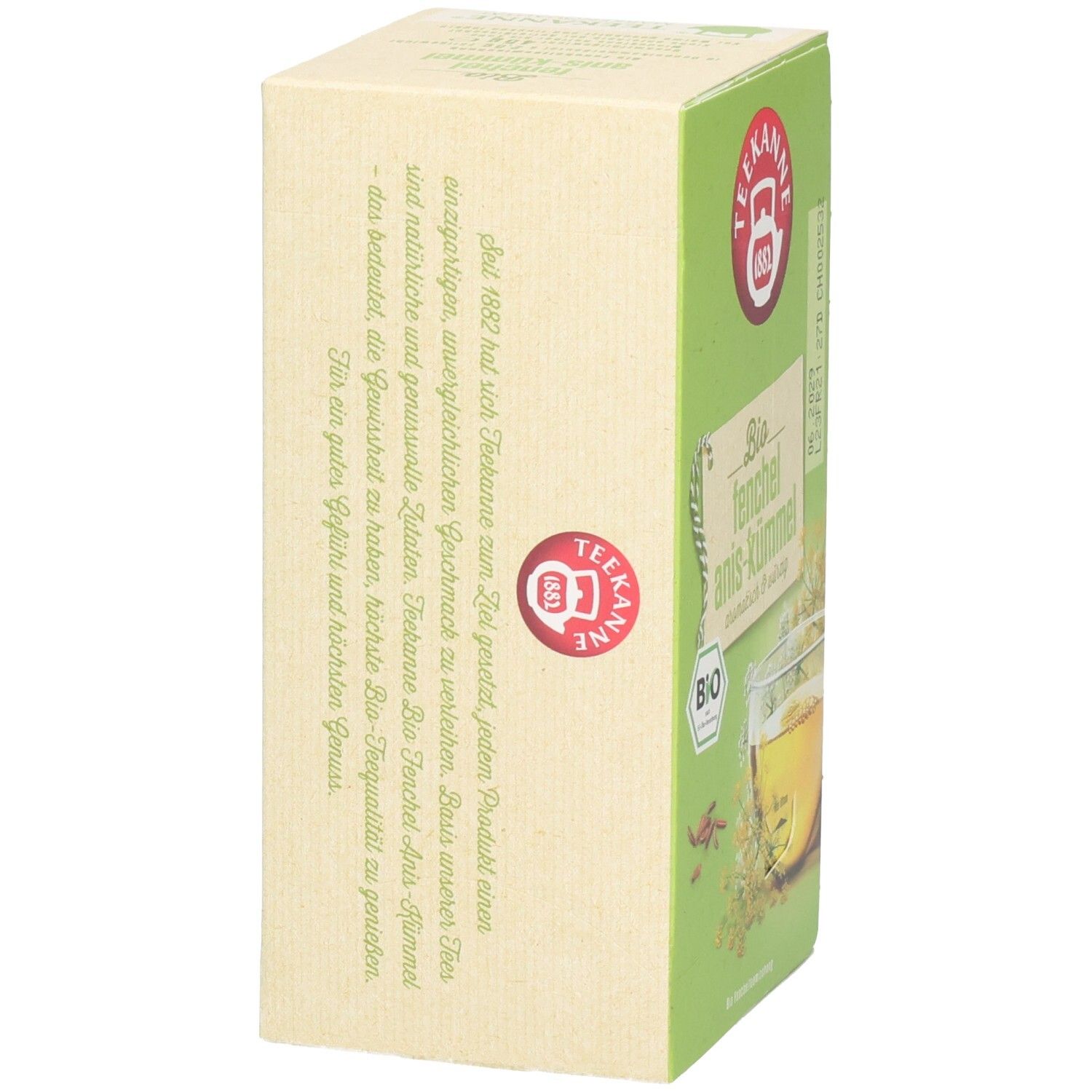 Teekanne BIO Fenchel-Anis-Kümmel Tee-Verpackung, Seite mit Produktinformationen.