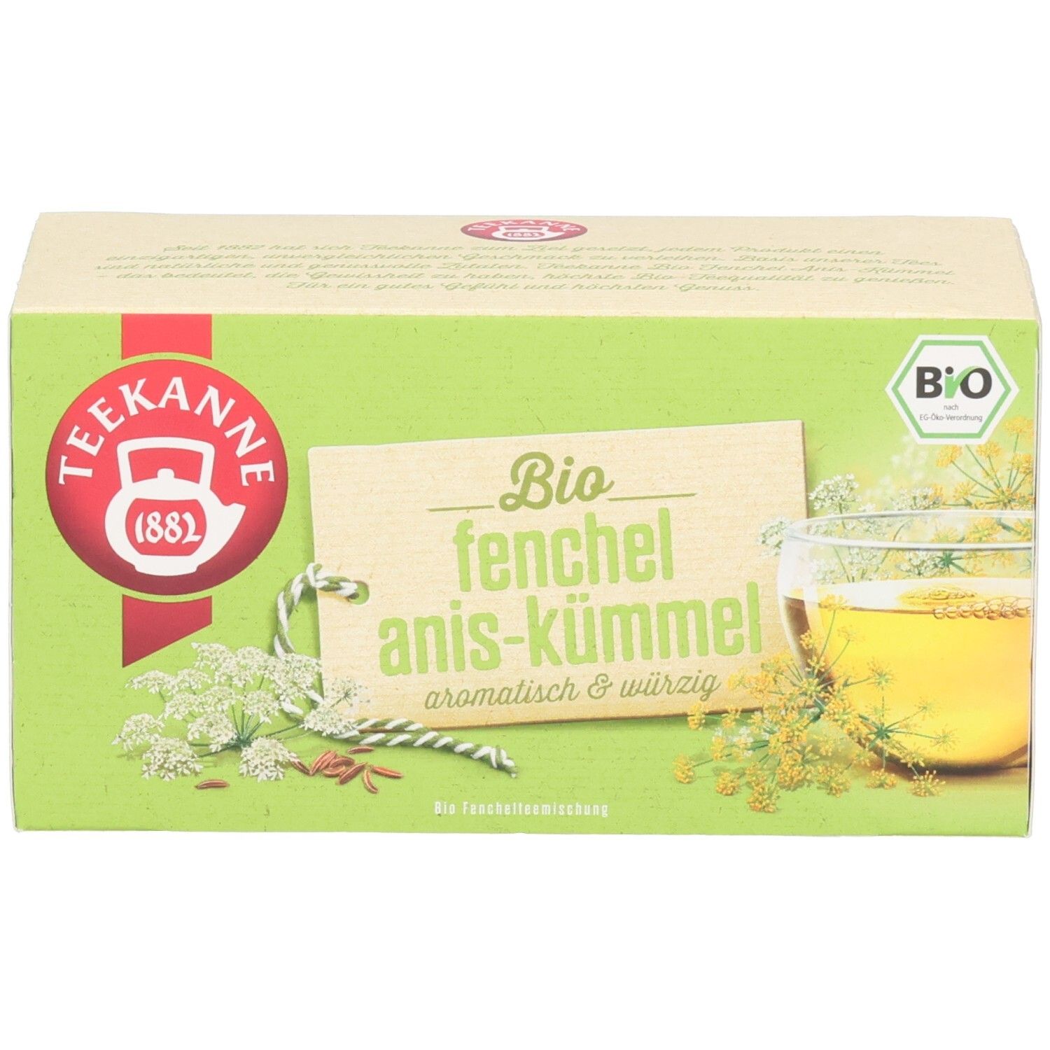 Teekanne BIO Fenchel-Anis-Kümmel Tee-Verpackung, Vorderseite mit Kräutern und Tasse Tee.