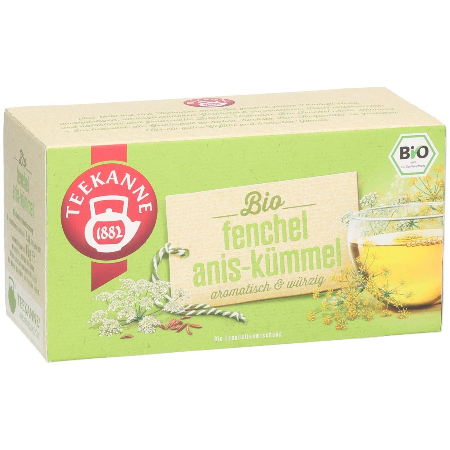 Teekanne BIO Fenchel-Anis-Kümmel Tee-Verpackung, Vorderseite mit Kräutern und Tasse Tee.