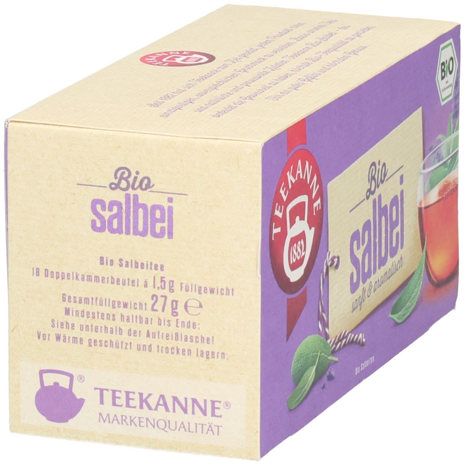 Rückseite der Teekanne BIO Salbei Kräutertee-Verpackung mit Produktinformationen.