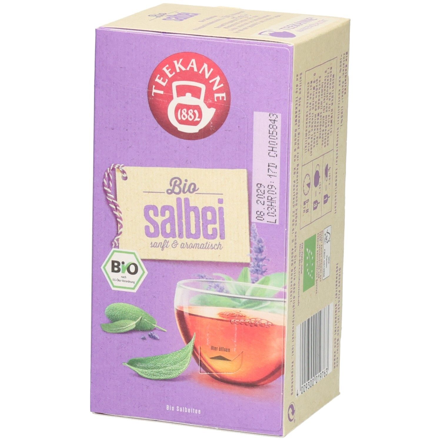 Seitenansicht der Teekanne BIO Salbei Kräutertee-Verpackung mit BIO-Siegel.
