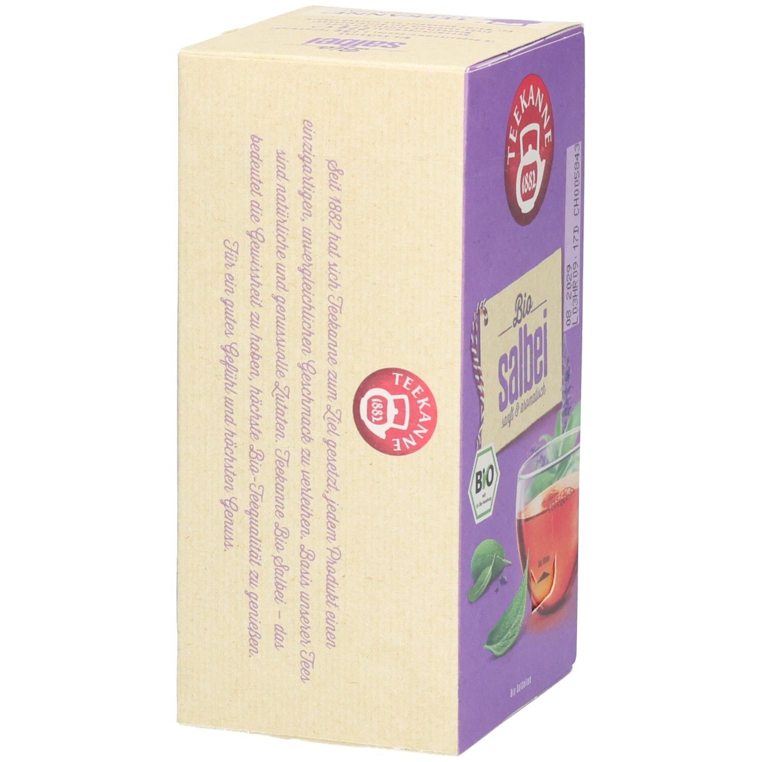 Seitenansicht der Teekanne BIO Salbei Kräutertee-Verpackung mit Text.