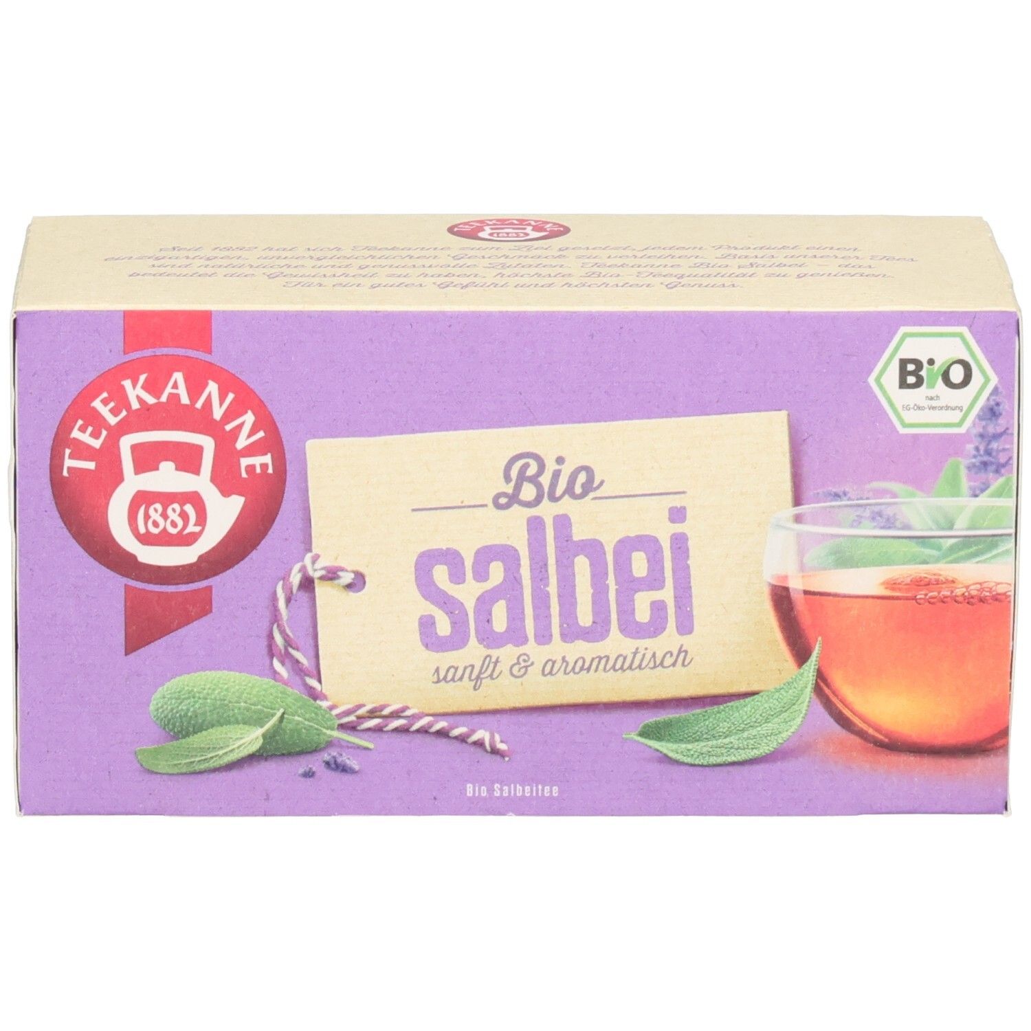 Vorderseite der Teekanne BIO Salbei Kräutertee-Verpackung mit Kräutern und Tee.
