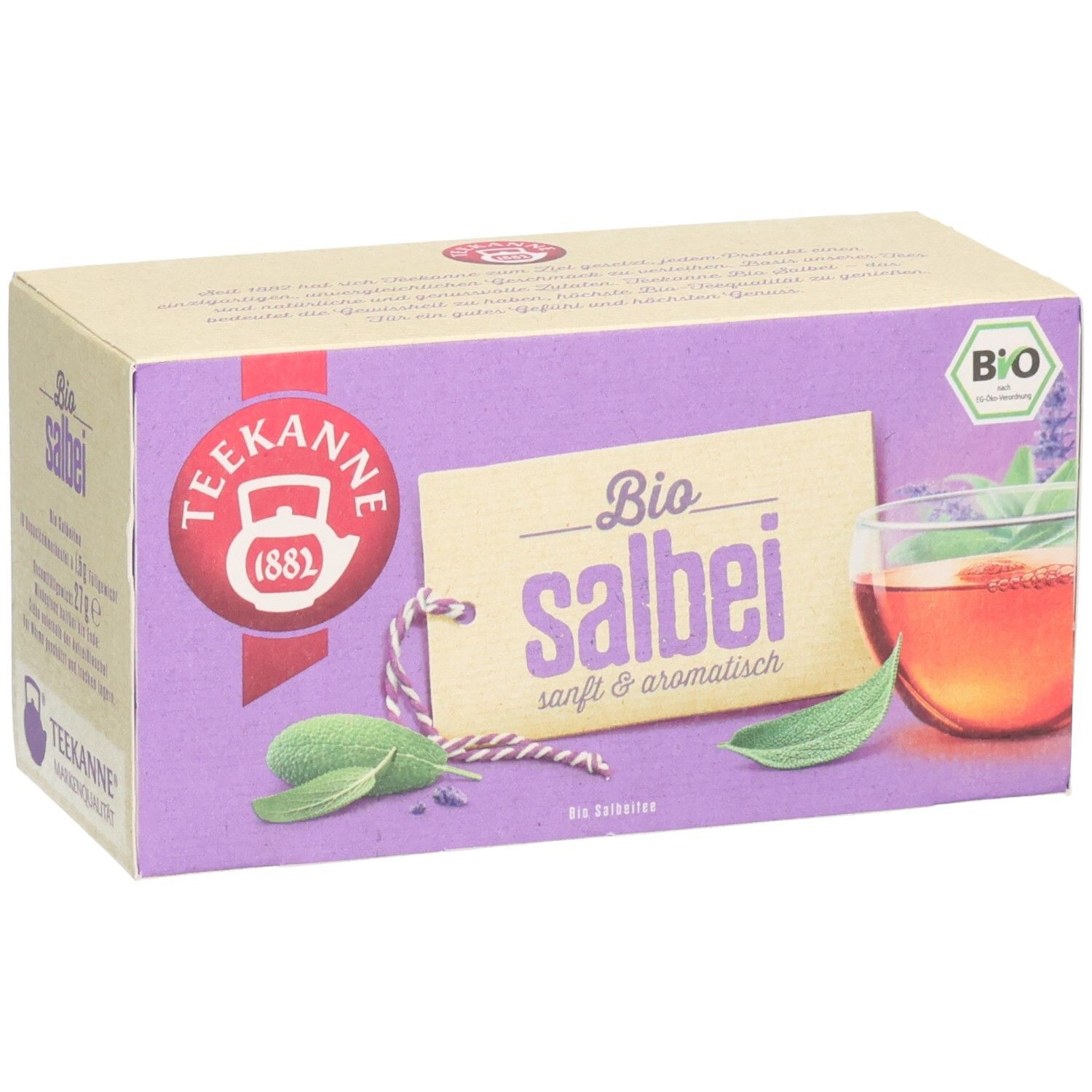 Teekanne BIO Salbei Kräutertee-Verpackung mit Kräutern und einer Tasse Tee.