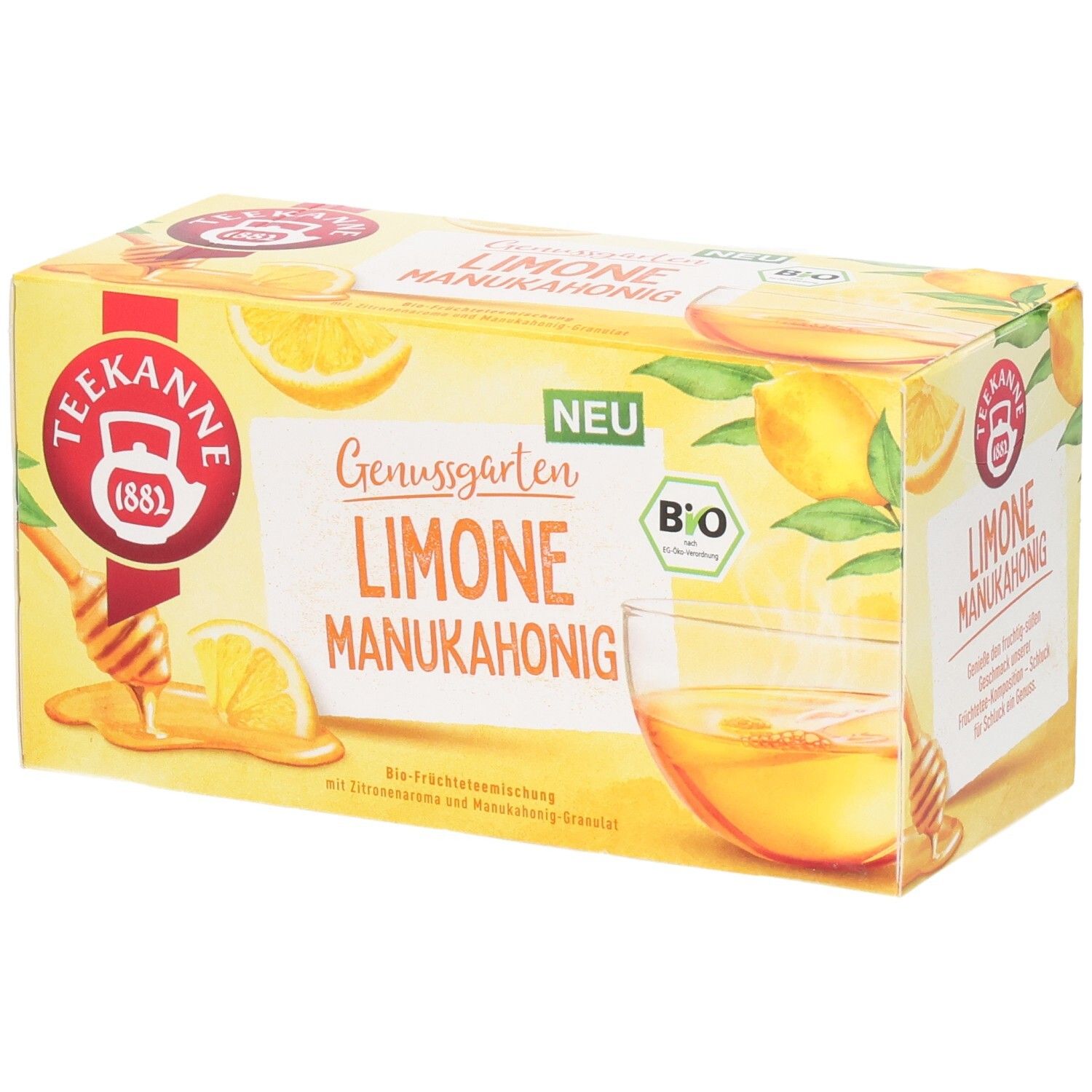 Teekanne BIO Genussgarten Limone Manukahonig Tee-Verpackung mit Zitronen- und Honig-Motiven.
