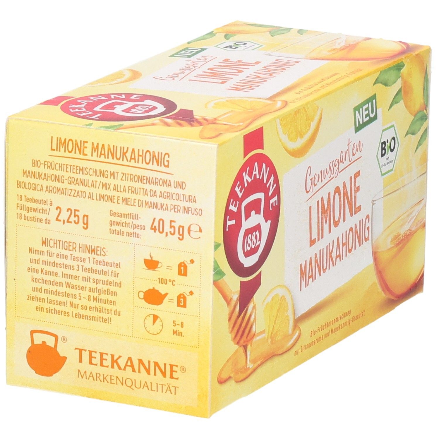Rückseite der Teekanne BIO Genussgarten Limone Manukahonig Verpackung mit Zubereitungshinweisen.