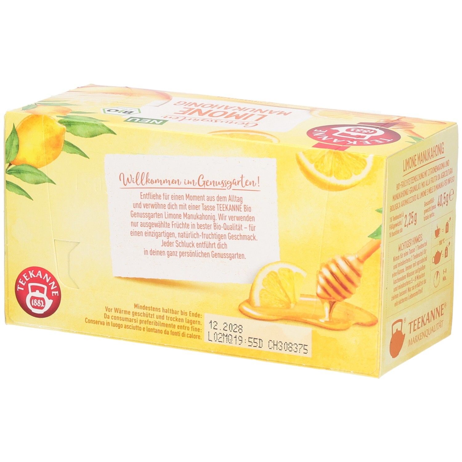 Seitenansicht der Teekanne BIO Genussgarten Limone Manukahonig Verpackung mit Dekoration.