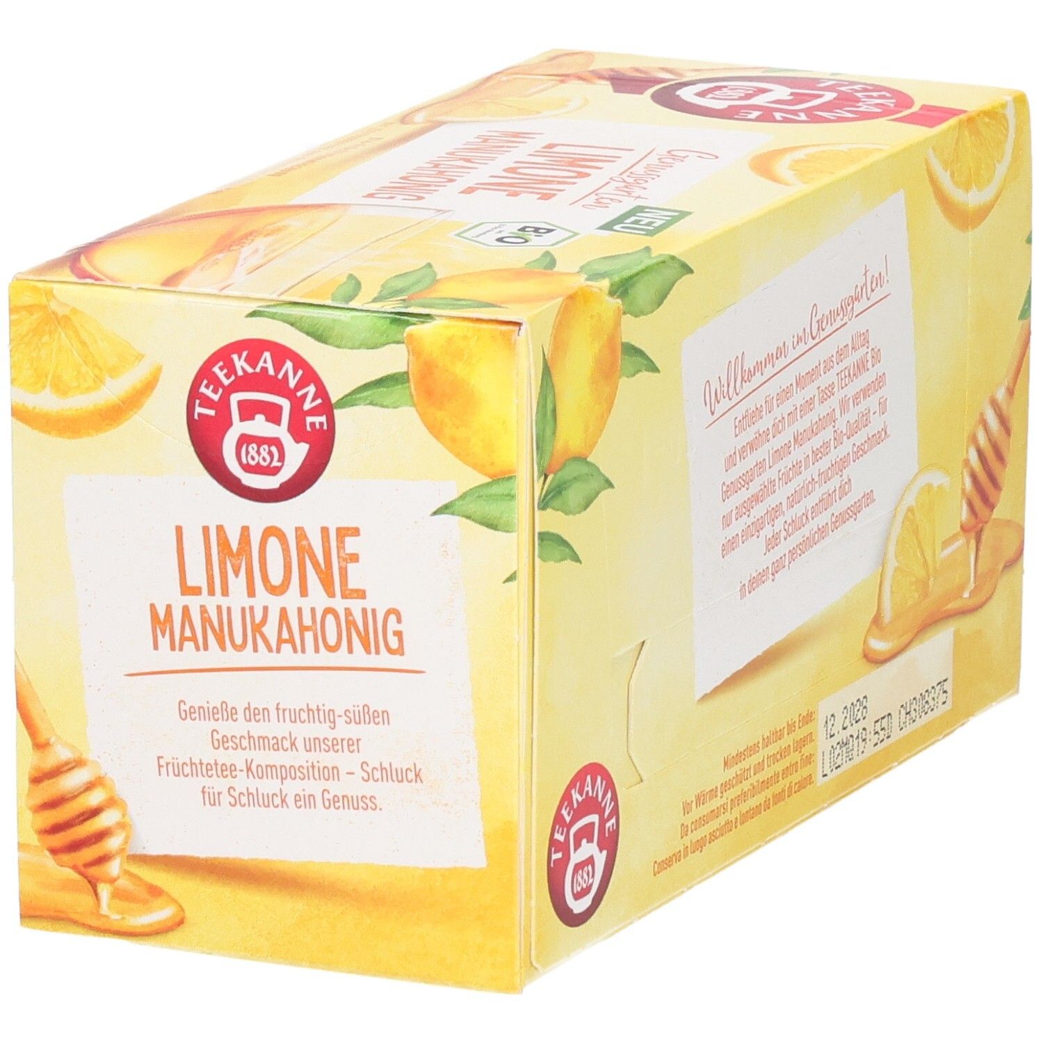 Vorderseite der Teekanne BIO Genussgarten Limone Manukahonig Verpackung mit Produktinformationen.