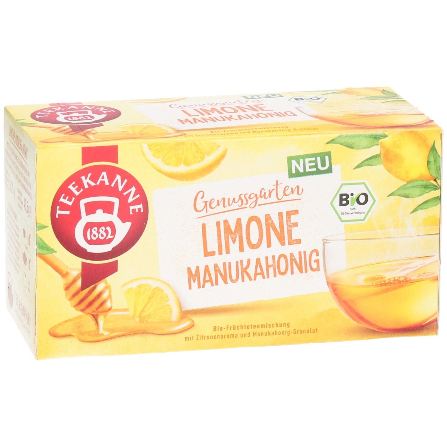 Teekanne BIO Genussgarten Limone Manukahonig Tee-Verpackung mit Zitronen- und Honig-Motiven.