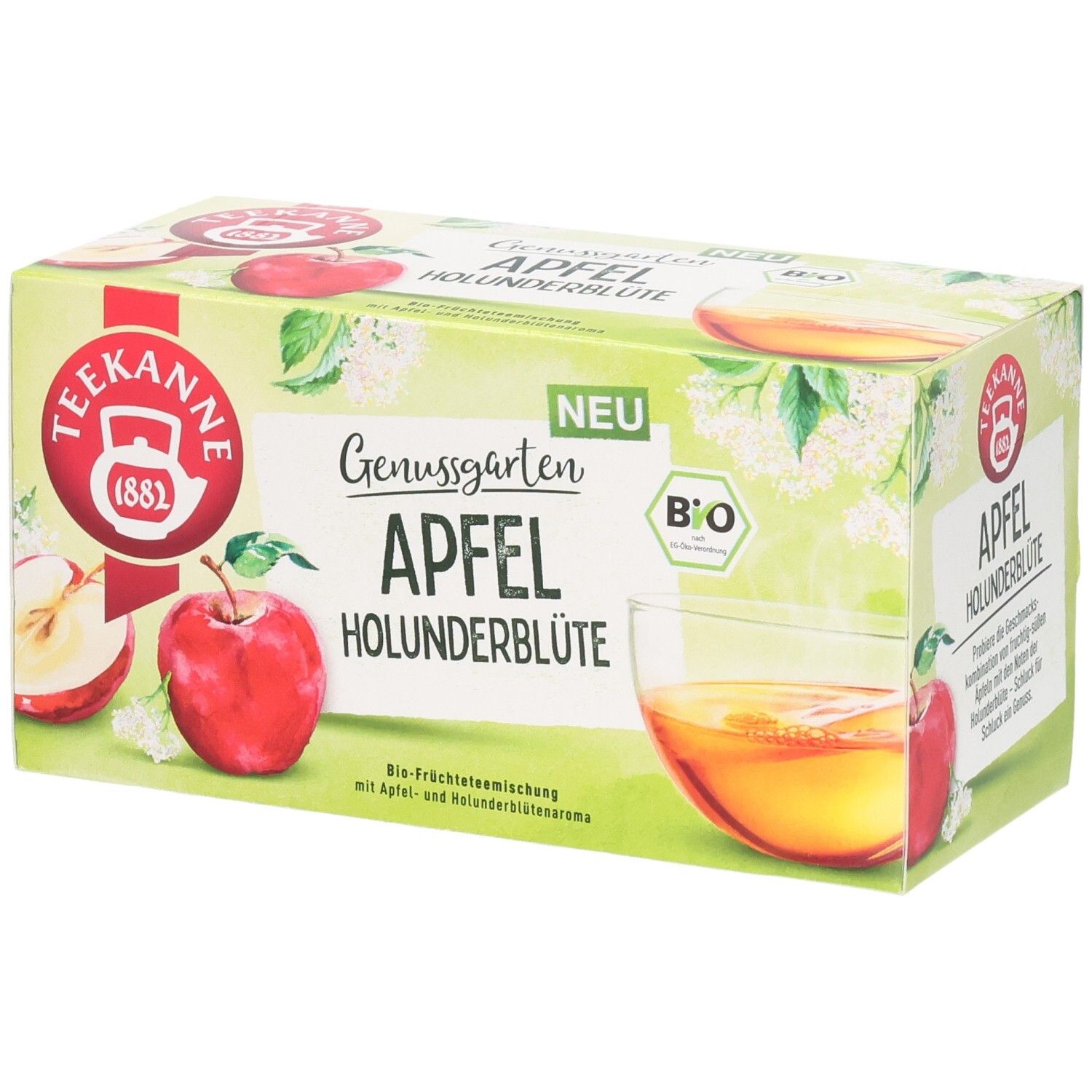 Teekanne BIO Genussgarten Apfel Holunderblüte Tee-Verpackung mit Äpfeln und Holunderblüten.