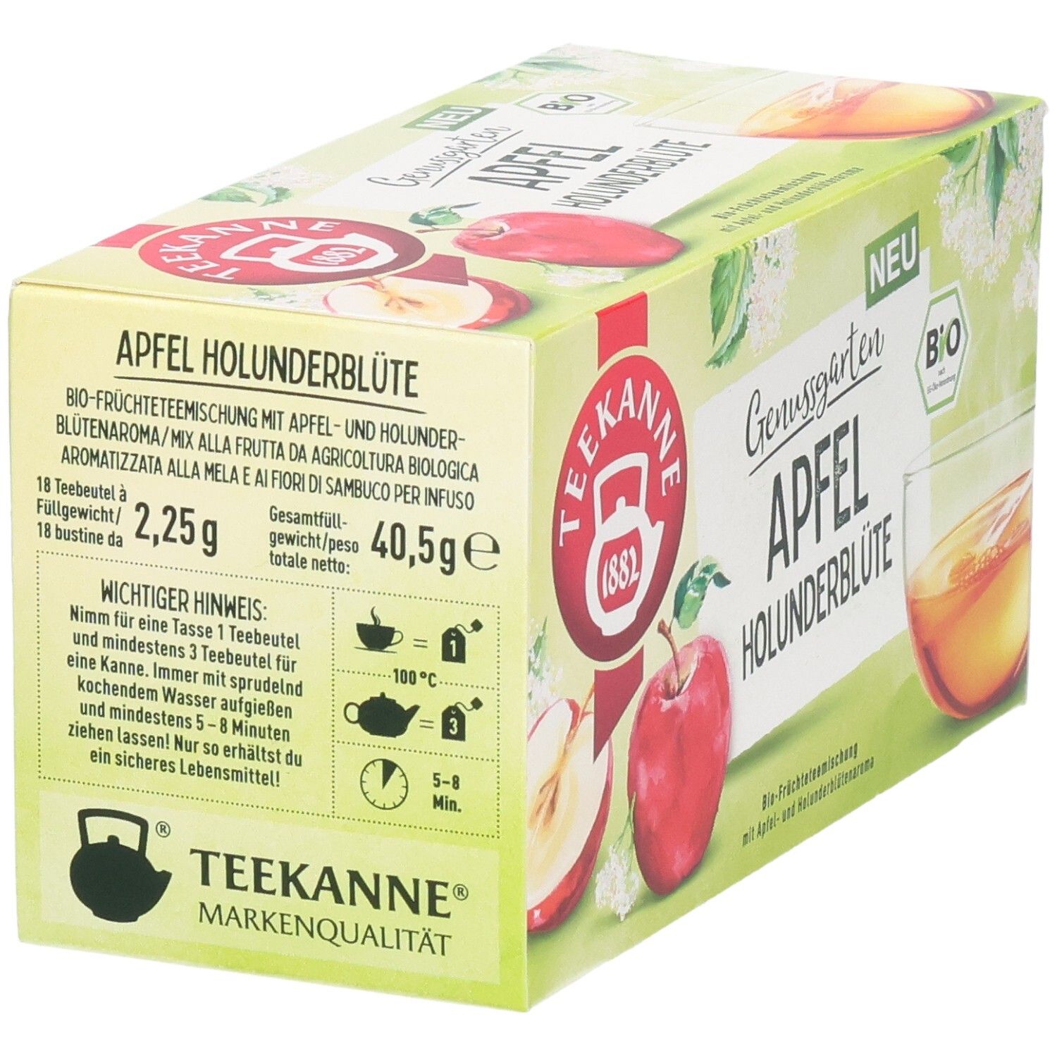 Teekanne BIO Genussgarten Apfel Holunderblüte Tee-Verpackung, Vorderseite mit Zubereitungshinweisen.