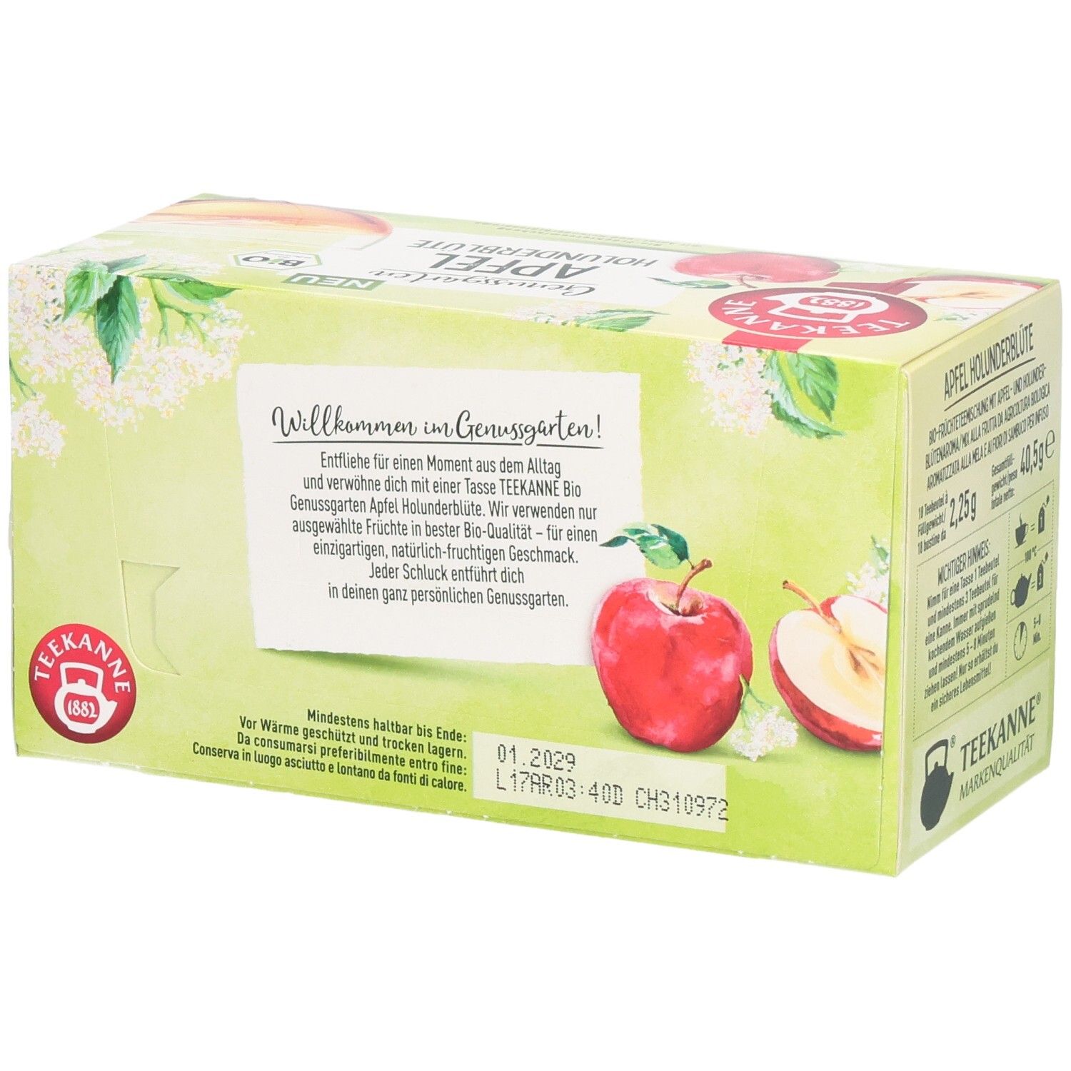 Rückseite der Teekanne BIO Genussgarten Apfel Holunderblüte Tee-Verpackung mit Haltbarkeitsdatum.