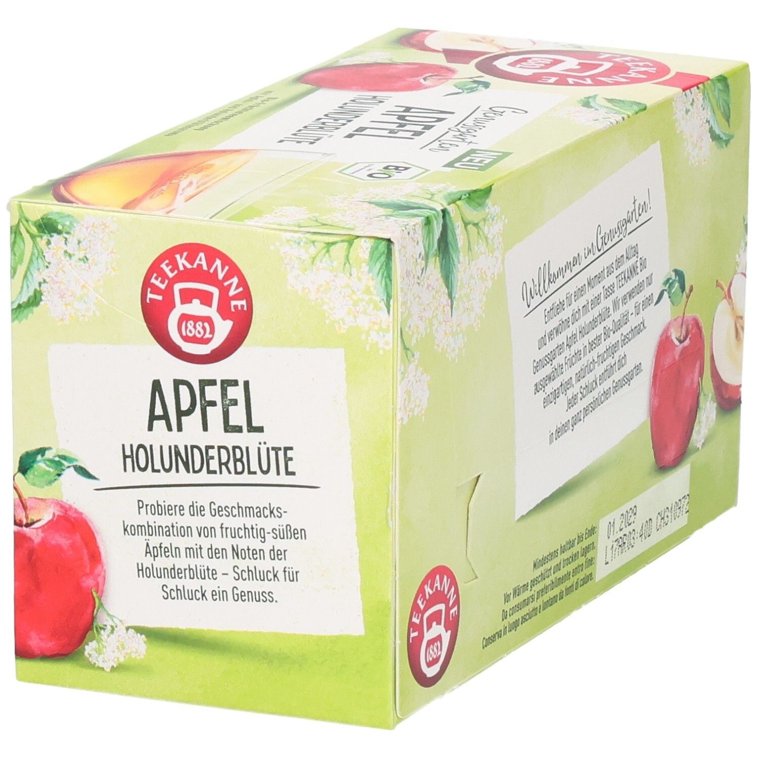 Seitenansicht der Teekanne BIO Genussgarten Apfel Holunderblüte Tee-Verpackung.
