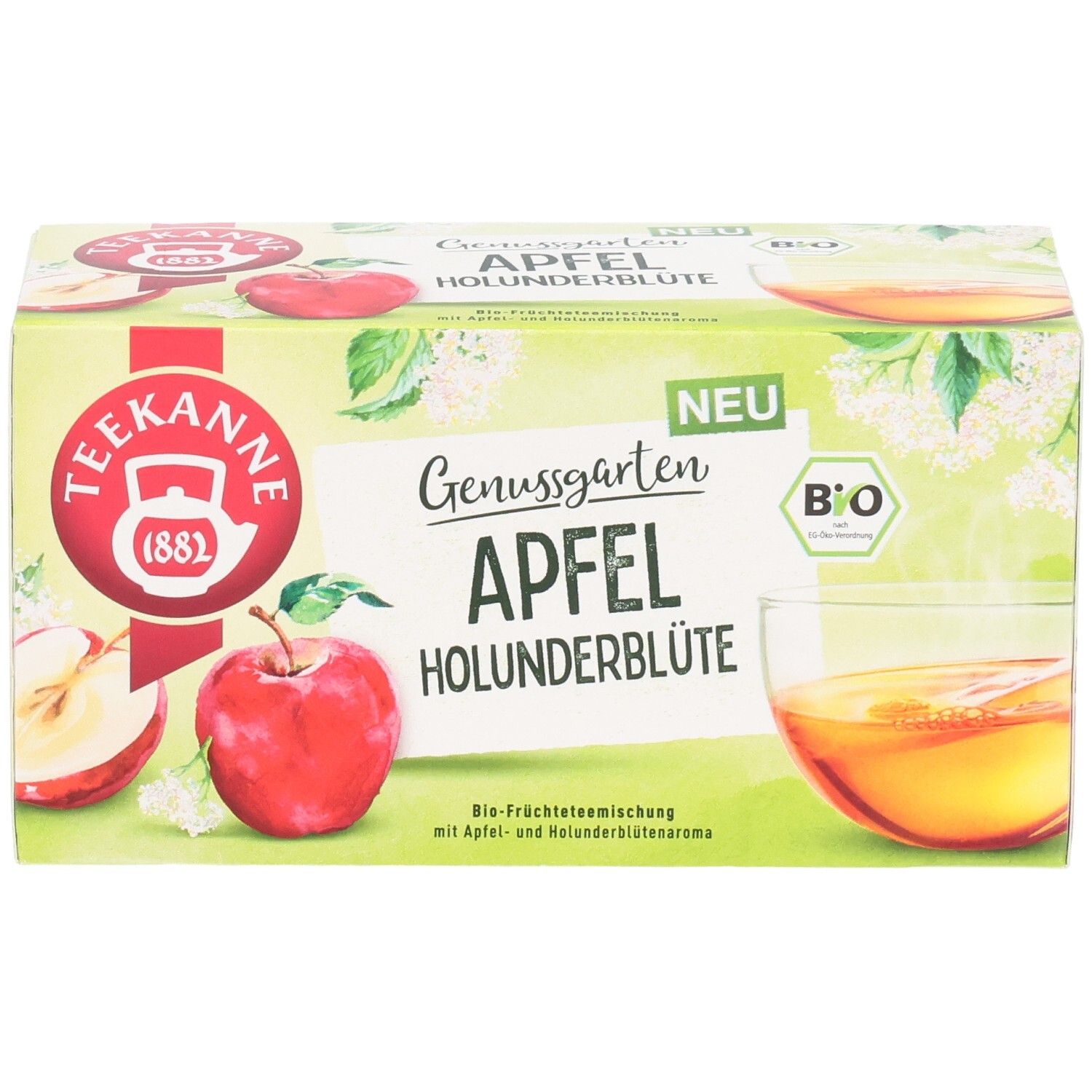 Teekanne BIO Genussgarten Apfel Holunderblüte Tee-Verpackung, Vorderseite mit Äpfeln und Holunderblüten.