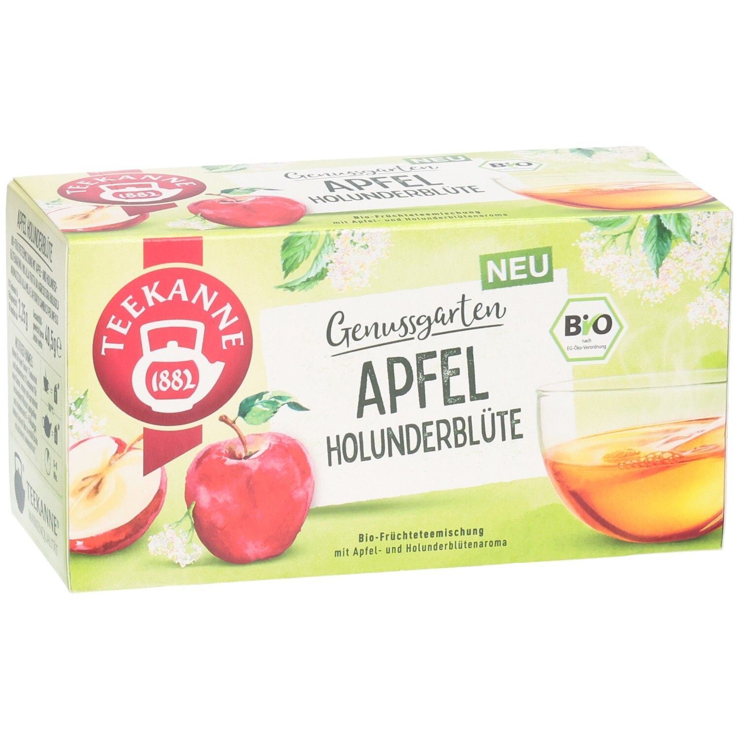 Teekanne BIO Genussgarten Apfel Holunderblüte Tee-Verpackung mit Äpfeln, Holunderblüten und Tasse Tee.