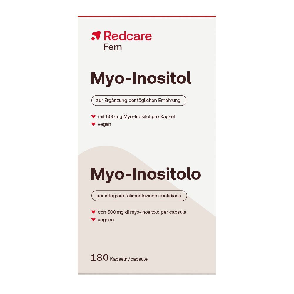 Verpackung Redcare Fem Myo-Inositol Kapseln, 180 Stück. Enthält 500mg Myo-Inositol pro Kapsel, vegan.