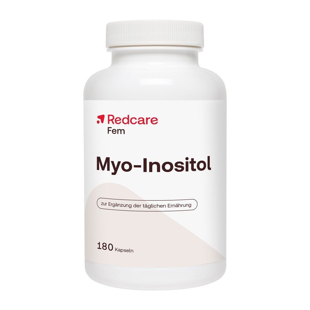 Flasche Redcare Fem Myo-Inositol Kapseln, 180 Stück. Enthält 500mg Myo-Inositol pro Kapsel.