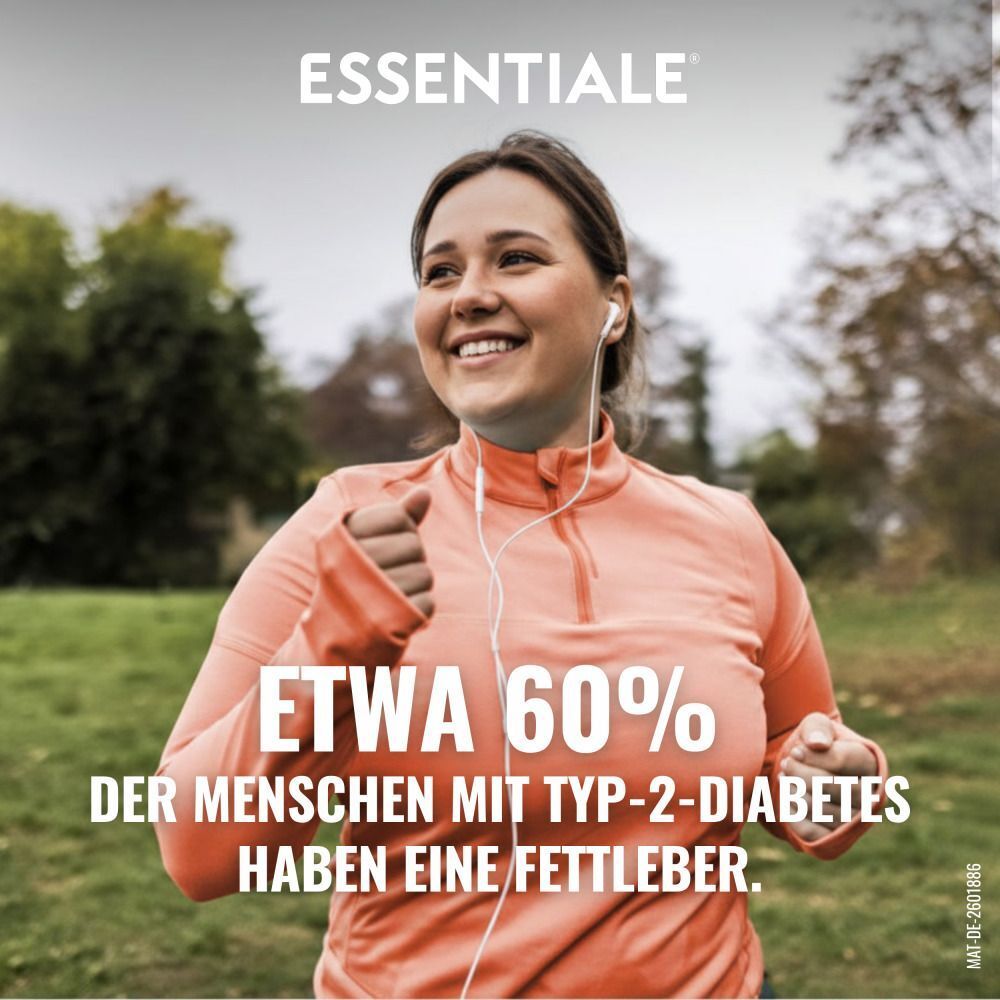 Läuferin mit Kopfhörern, mit Text 'Etwa 60% der Menschen mit Typ-2-Diabetes haben eine Fettleber.'