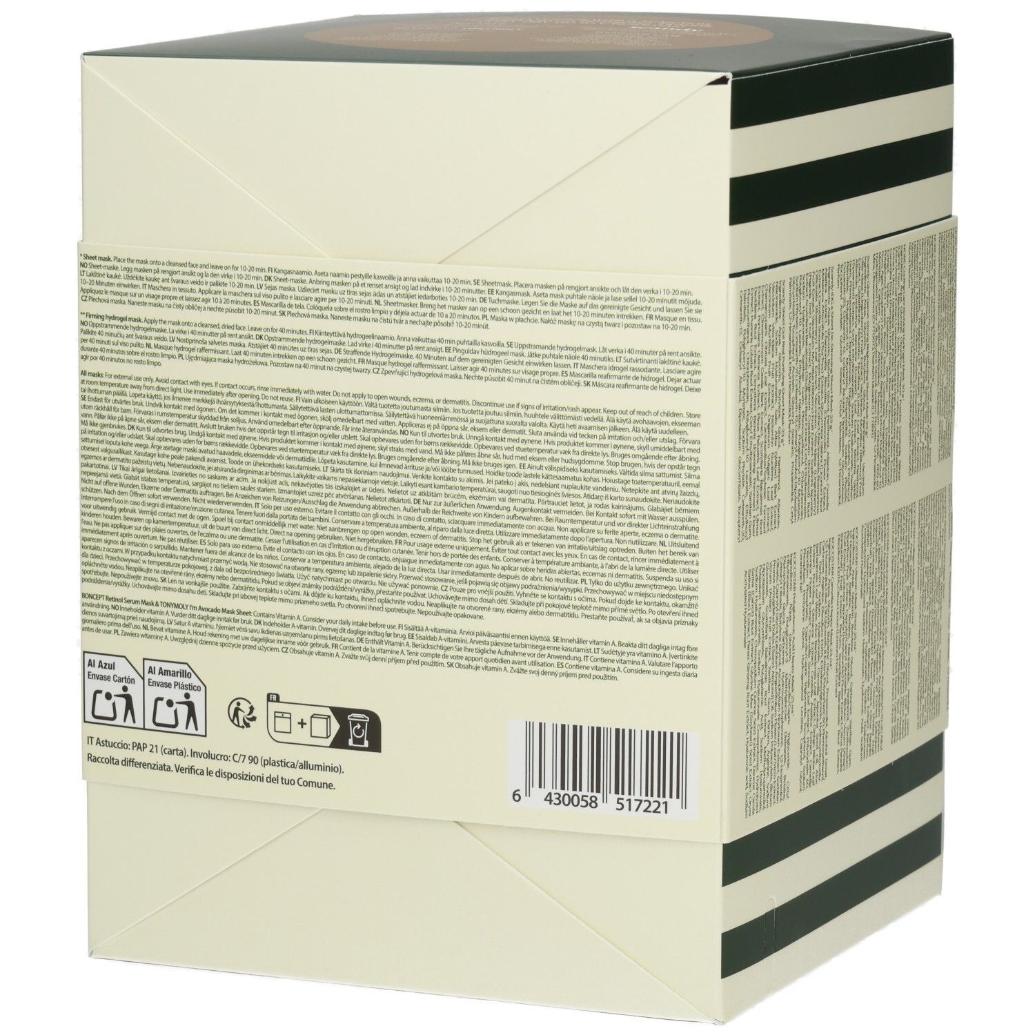 Verpackungskarton mit grünen und weißen Streifen, Rückseite mit Produktinformationen.