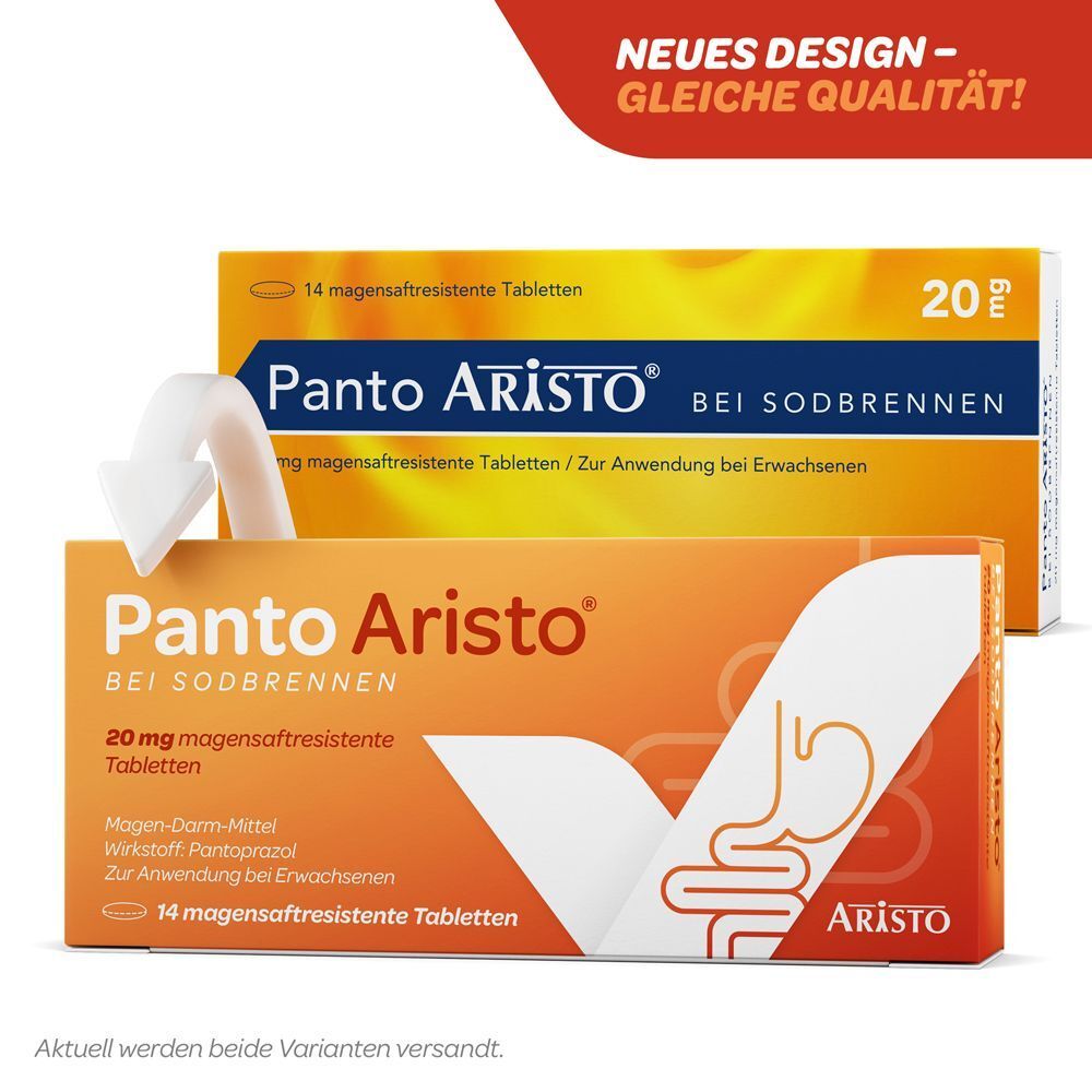 Panto Aristo® 20 mg Tabletten gegen Sodbrennen, neue Verpackung und alte Verpackung nebeneinander.